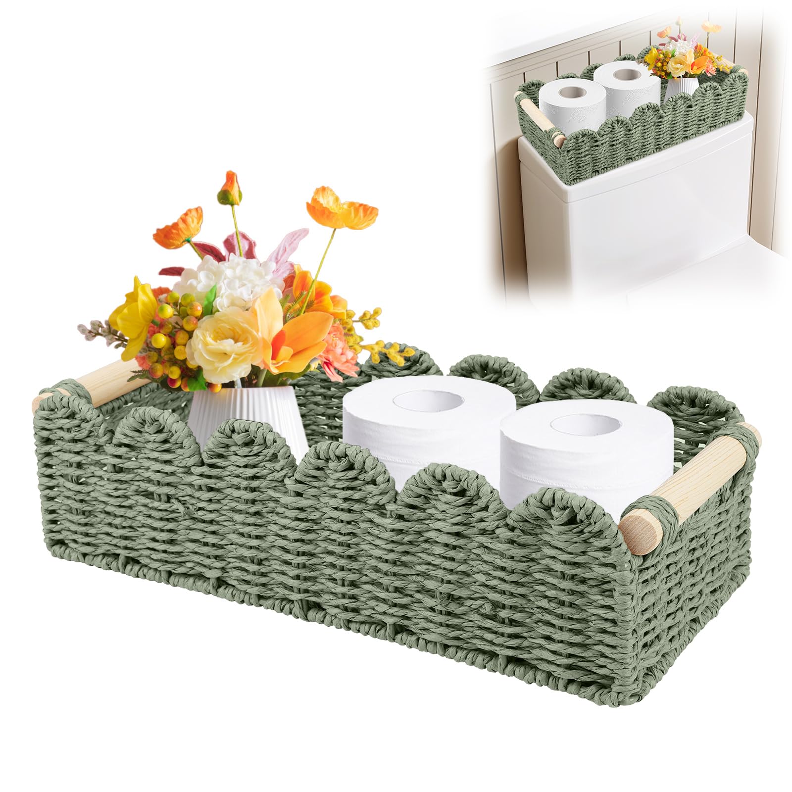 Seagrass Woven Storage Basket, Storage baskets for Shelves, Wicker Hamper Basket with Handles, Paper Rope Scalloped Edge Decor Baskets for Bathroom, Bedroom, Nursery Room Decor(Large) (Green)