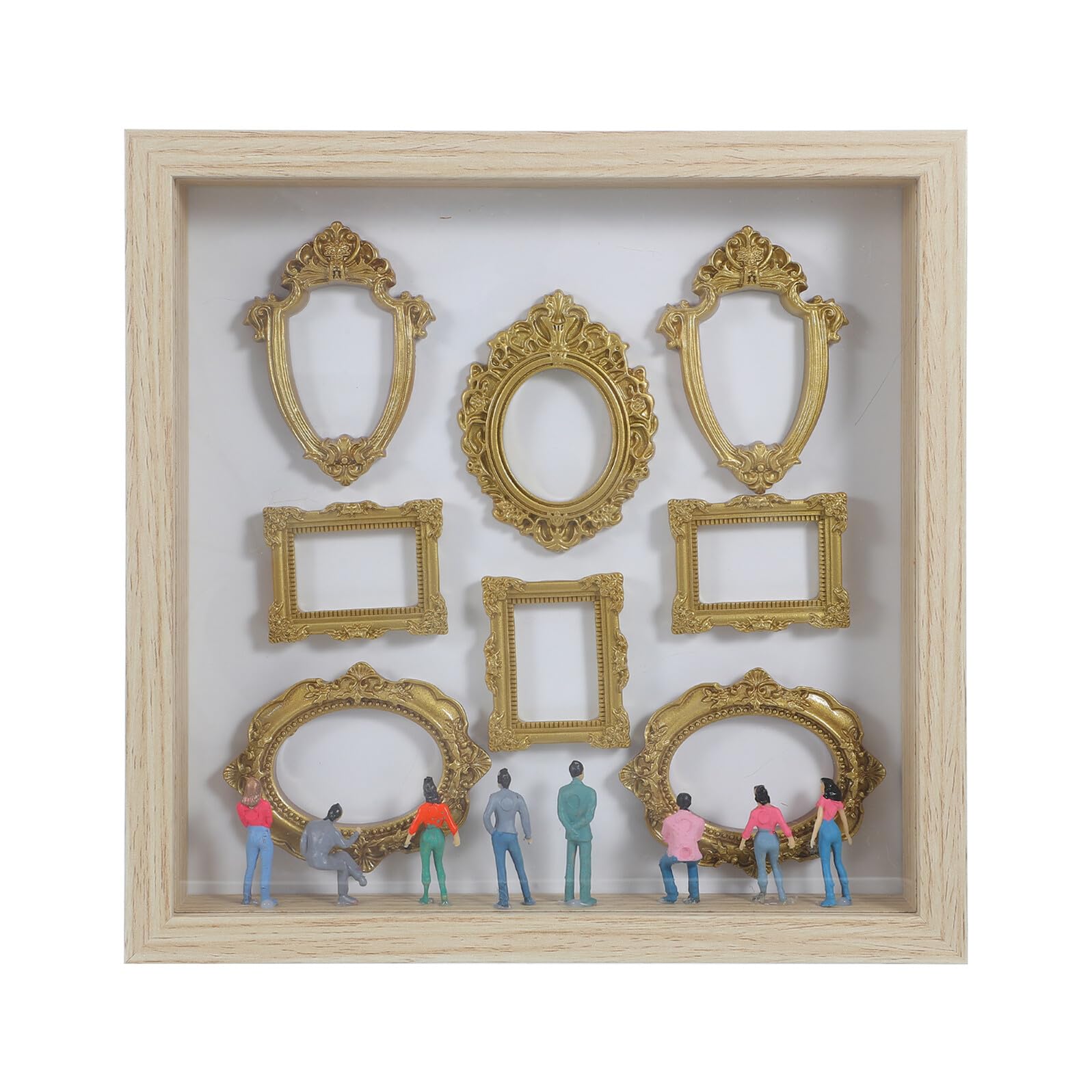 Figurines en bois de musée et mini cadre photo doré tridimensionnel pour cadeau d'anniversaire