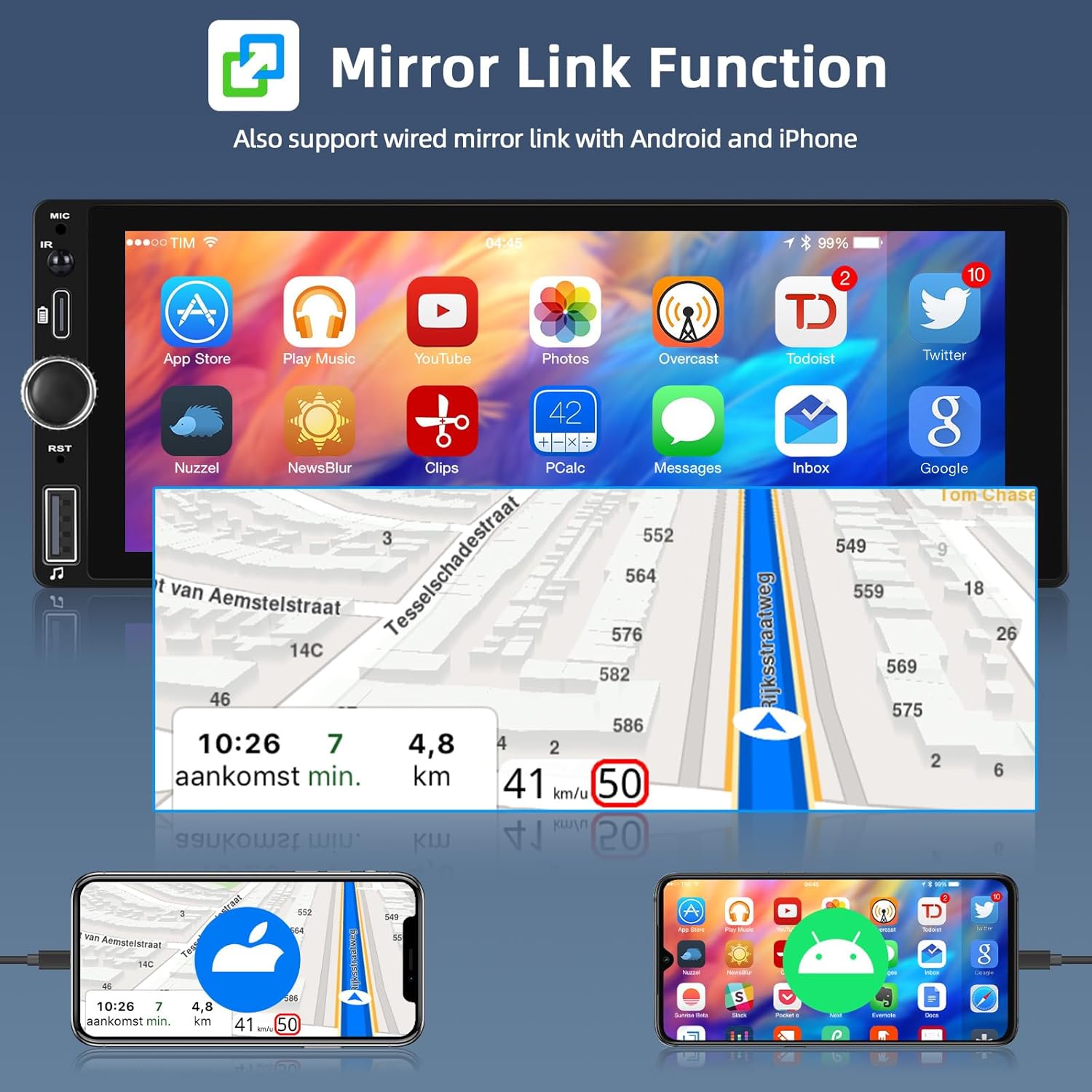 The car stereo screen displaying a mirrored smartphone interface with navigation and various apps, demonstrating the Mirror Link function.