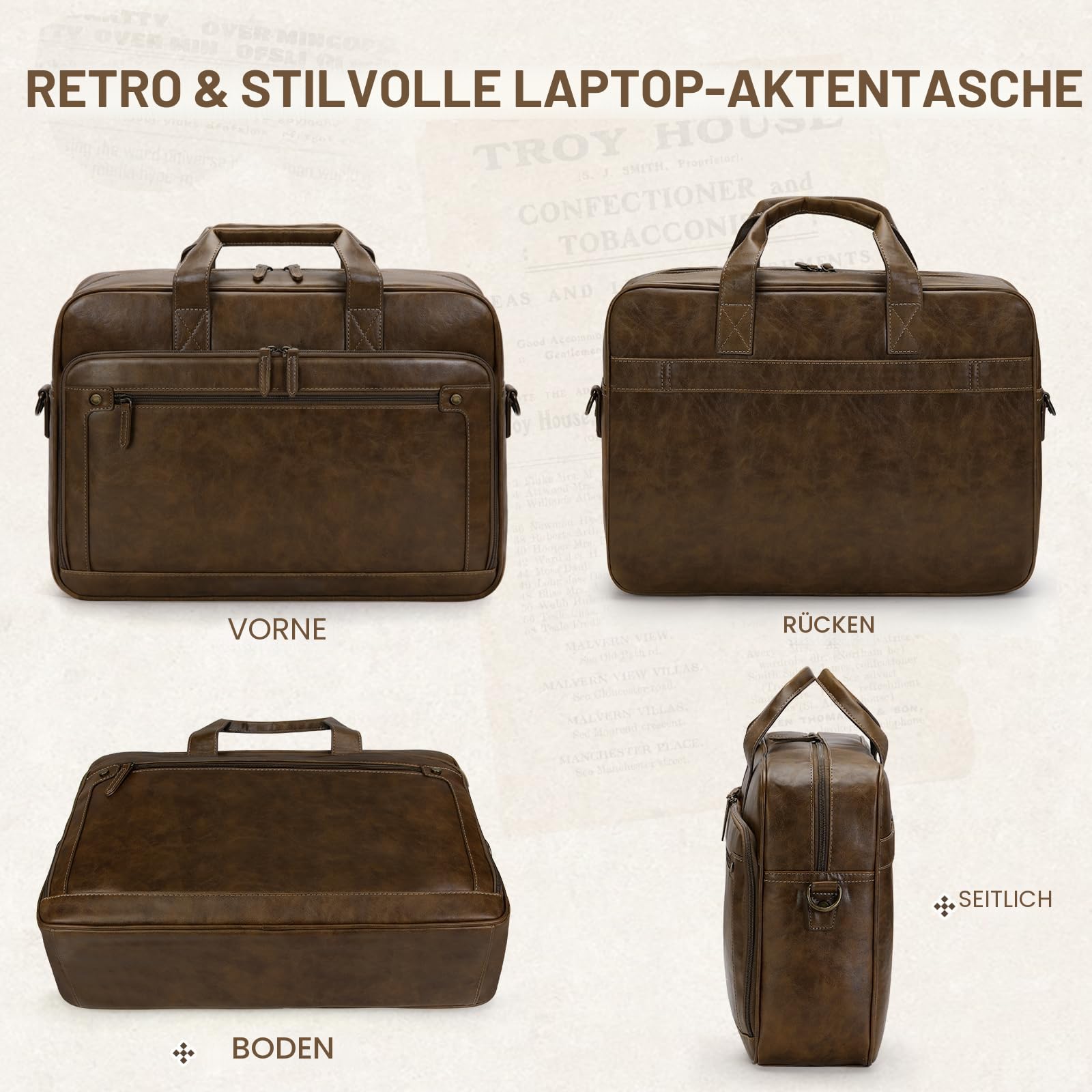 RAINSMORE Aktentasche Herren Vintage Arbeitstasche Laptoptasche 16 Zoll Wasserdicht Ledertasche Messenger Bag Umhängetasche für Arbeit, Büro, Business