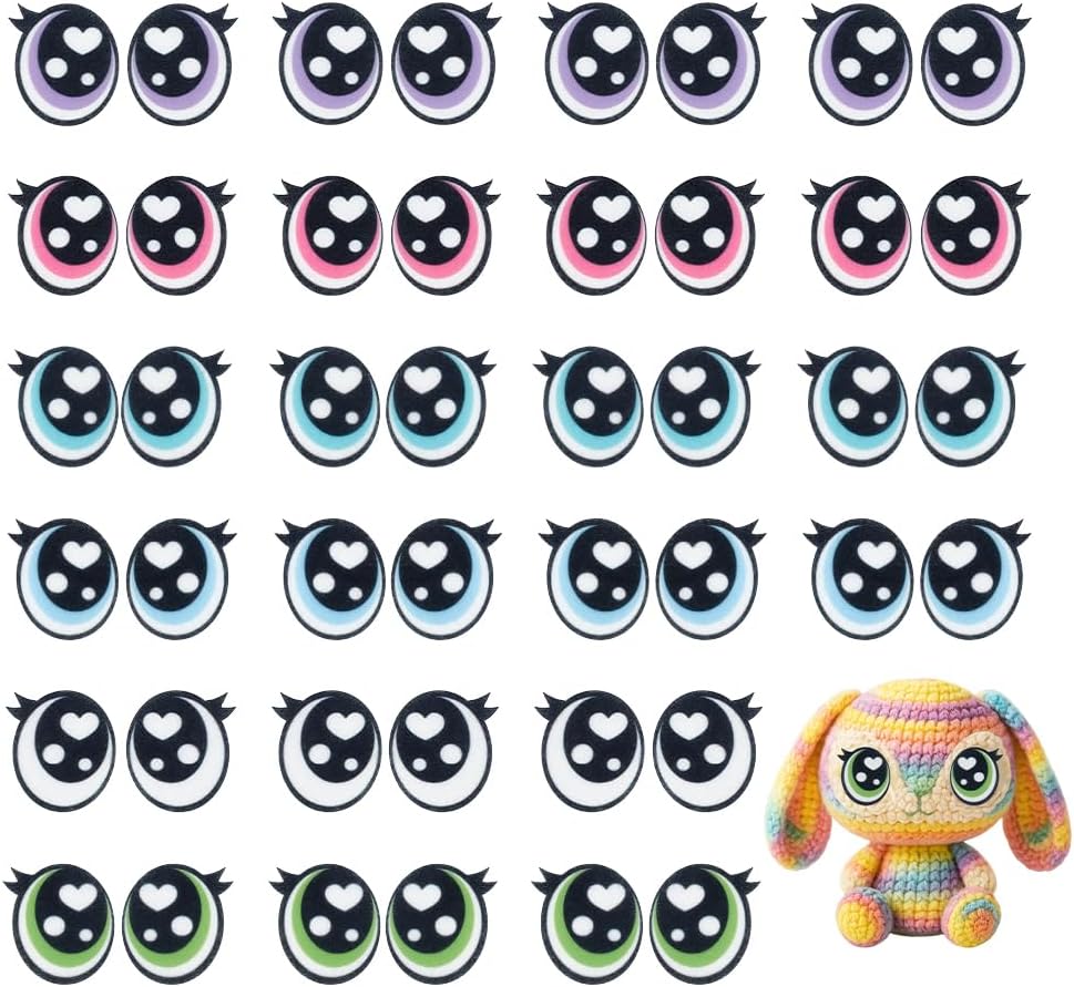 PH PandaHall 48 Pairs 6 Colors Felt Eyes with Lashes, 1.5 inch Colorful Oval Eye Kawaii Felt Eye Crochet Patches Amigurumi Craft Eyes for Plush Puppet Teddy Bear Crochet Animals Crafts Making