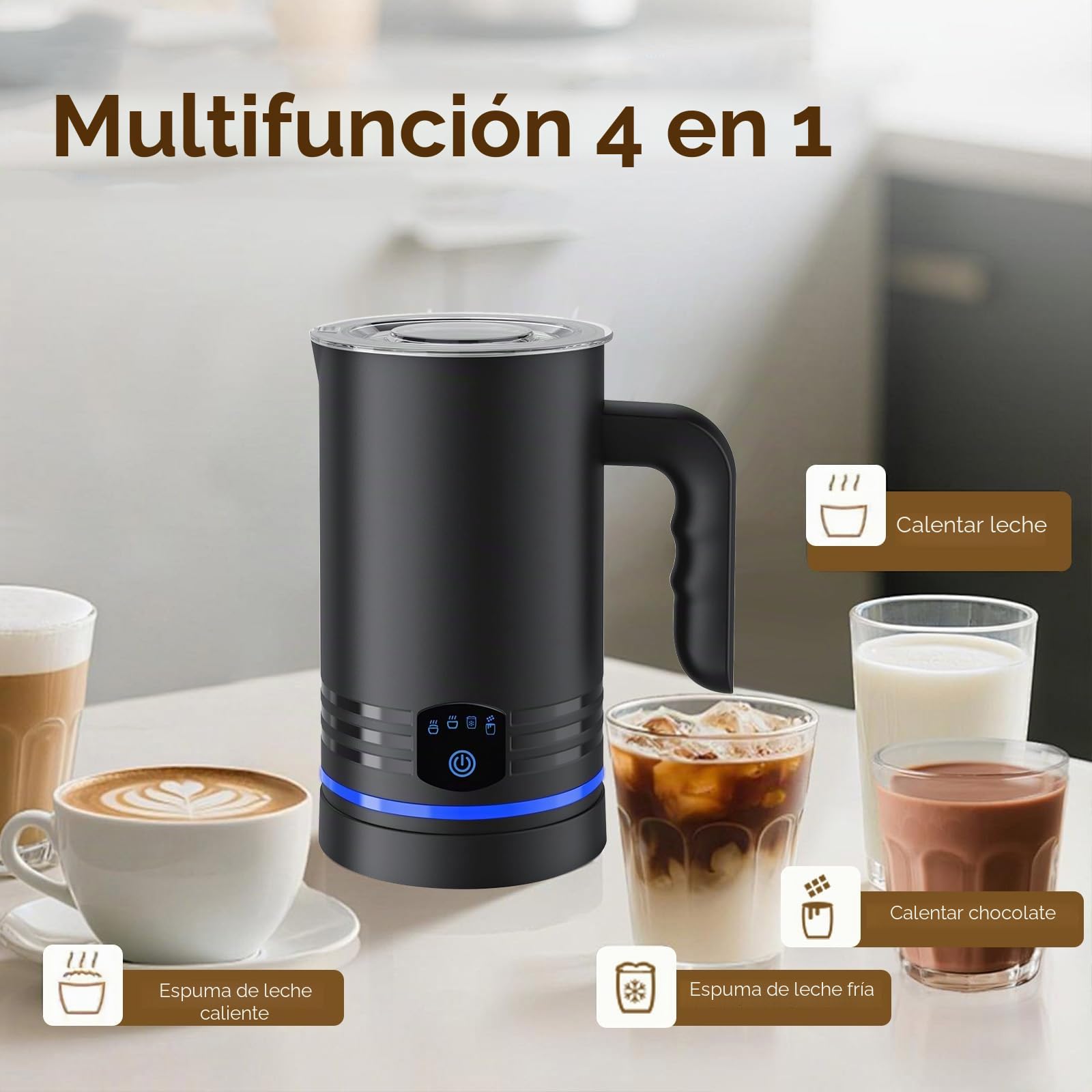 Espumador de Leche Eléctrico 4 en 1,600W Espumador Automático para Leche Caliente y Fría,430ML,Apagado Automático,Revestimiento Antiadherente,Silencioso,Capuchinos,Macchiato,Chocolate Caliente (Negro)