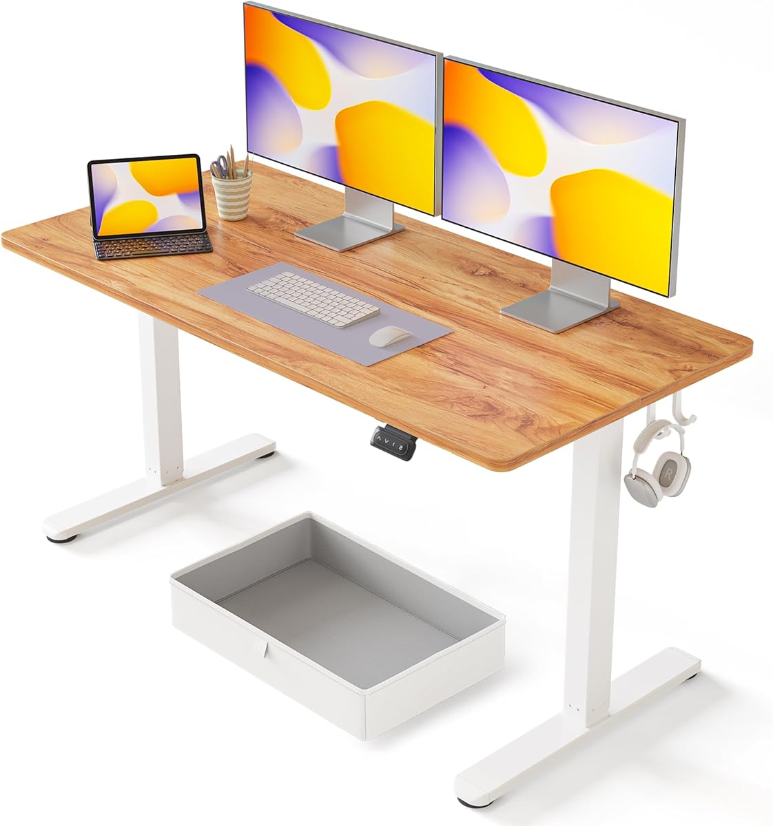 FEZIBO 55 x 24 Inches Standing Desk with Drawer, Adjustable Height Electric Stand up Desk with Storage, Sit Stand Home Office Desk, Ergonomic Computer Desk, Light Rustic