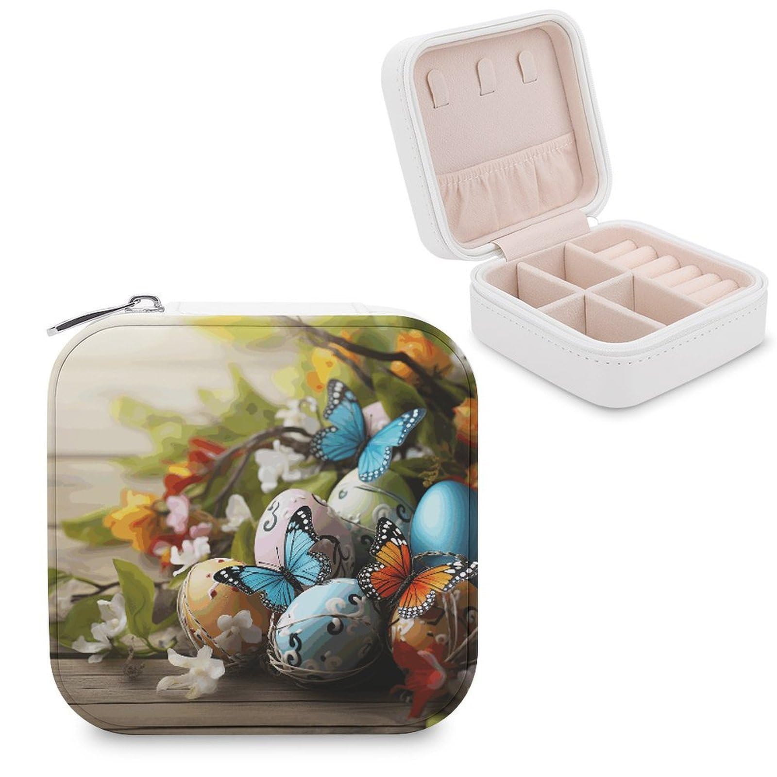 JTREHY Travel Easter Eggs with Butterfly Jewelry Case Portable Display Storage Box PU Leather Mini Jewelry Travel Case Personalized Travel Jewelry Organizer Small Jewelry Box for Women