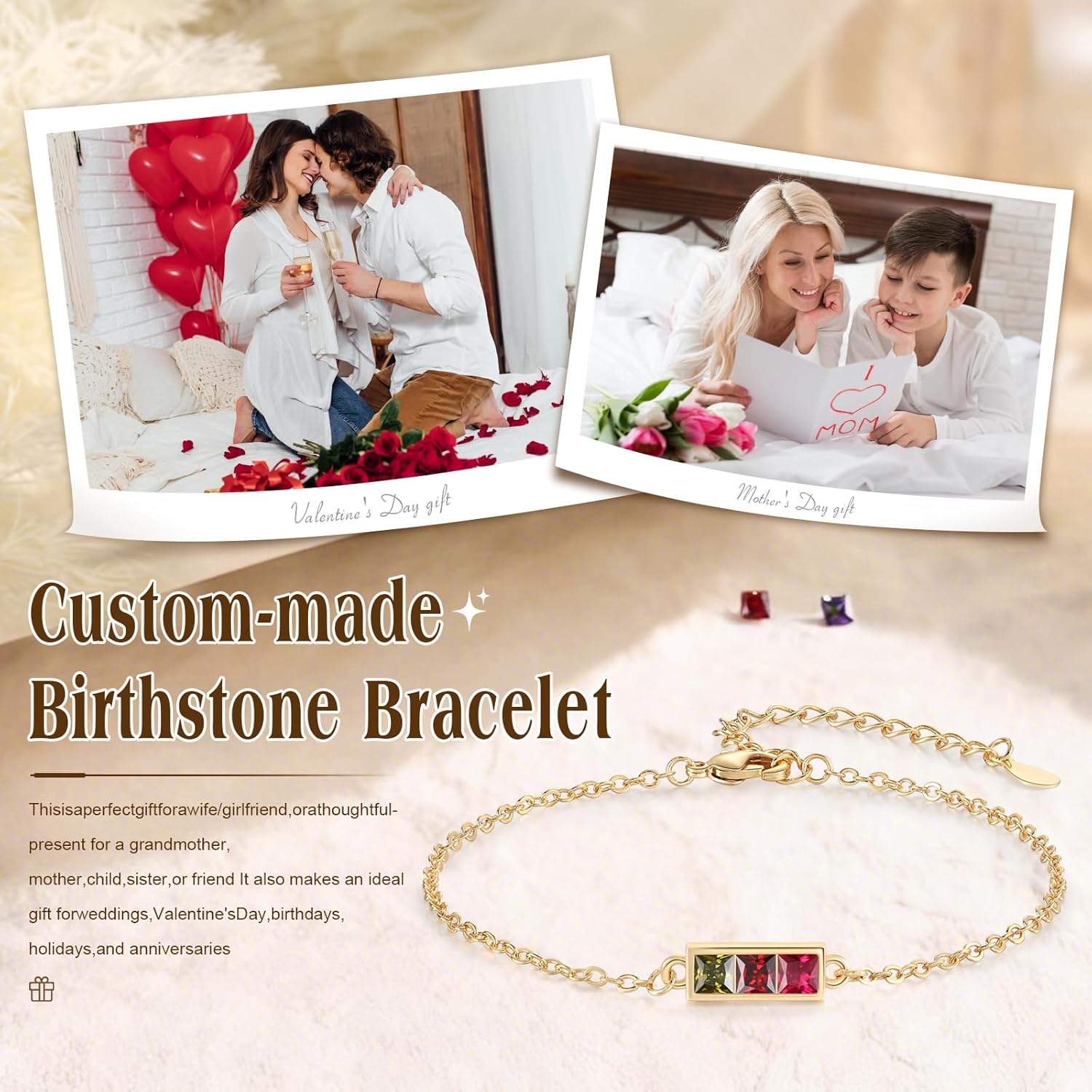 Gemszoo Custom Sterling Silver Birthstone Bracelet for Women, Personalized 1–6 Stone Gold Bracelet, Adjustable Dainty Jewelry, Meaningful Gift for Mom, Wife - Image 8