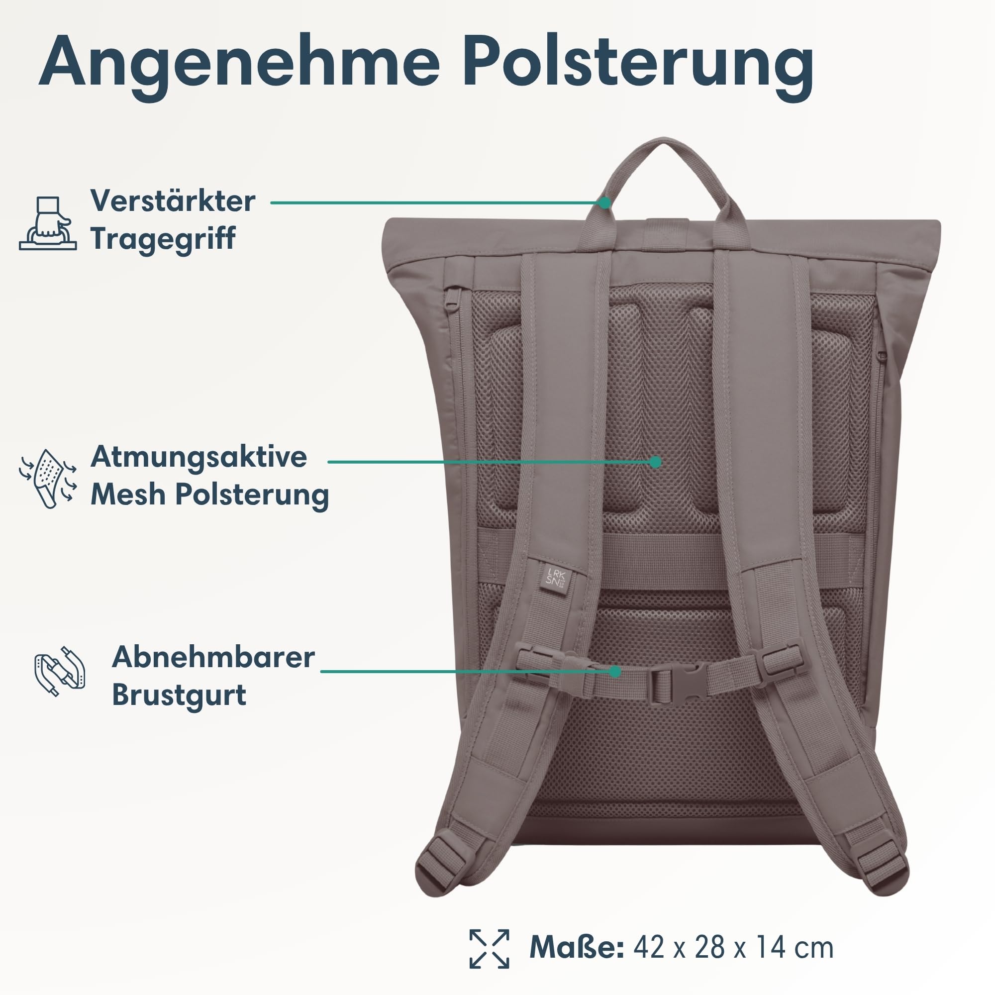 LARKSON Rucksack Damen & Herren Braun - Janne - Rolltop Rucksack mit Laptopfach für Uni, Arbeit, Reise & Fahrrad - Backpack Tagesrucksack Mittelgroß - Wasserabweisend