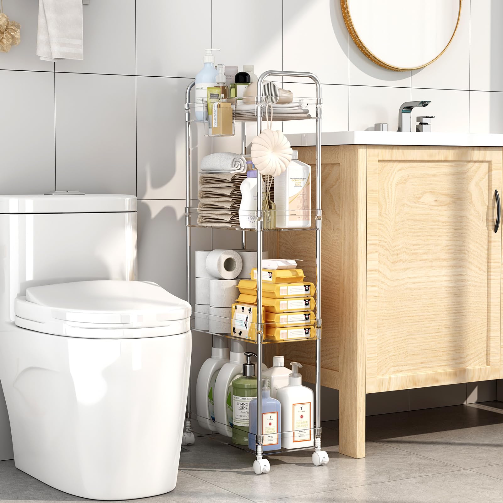 SOYO 4 Tier Acrylic Utility Rolling Storage Cart, Clear Bathroom Cart Organizer, Transparency Mobile Shelving Laundry Room Organization with Wheels for Bathroom, Living Room, Bedroom, Narrow Places