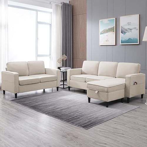 Miniatura 14 de BALUS Juego de sofá de 4 piezas de 78 pulgadas, moderno juego de sofá modular en forma de L de lino con bolsillos laterales, sofá de 3 plazas con