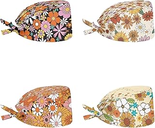 Yuuxorilu Hippie Daisy Scrub Caps for Women Men Adjustable Working Cap with Sweatband Bouffant Tie Back Hat 4 Pack