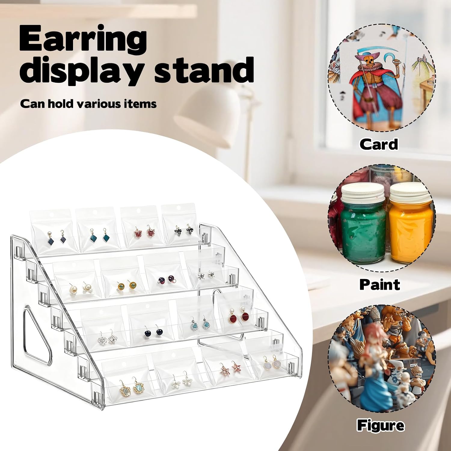 2 Pack 7 Tier Earring Display Stand Acrylic Earring Holder Organizer Holds 4 Pairs of Earrings in One Row Retail Detachable Jewelry Card Stand for Selling Vendors Jewelry Display Earring Rack