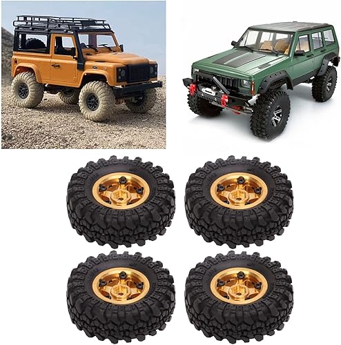 Miniatura 9 de VGEBY Ruedas de coche RC, neumáticos RC de 1 pulgada, cubo de rueda de latón, neumáticos de goma RC para FMS FCX24 118 124 Crawler 4 piezas (dorado)