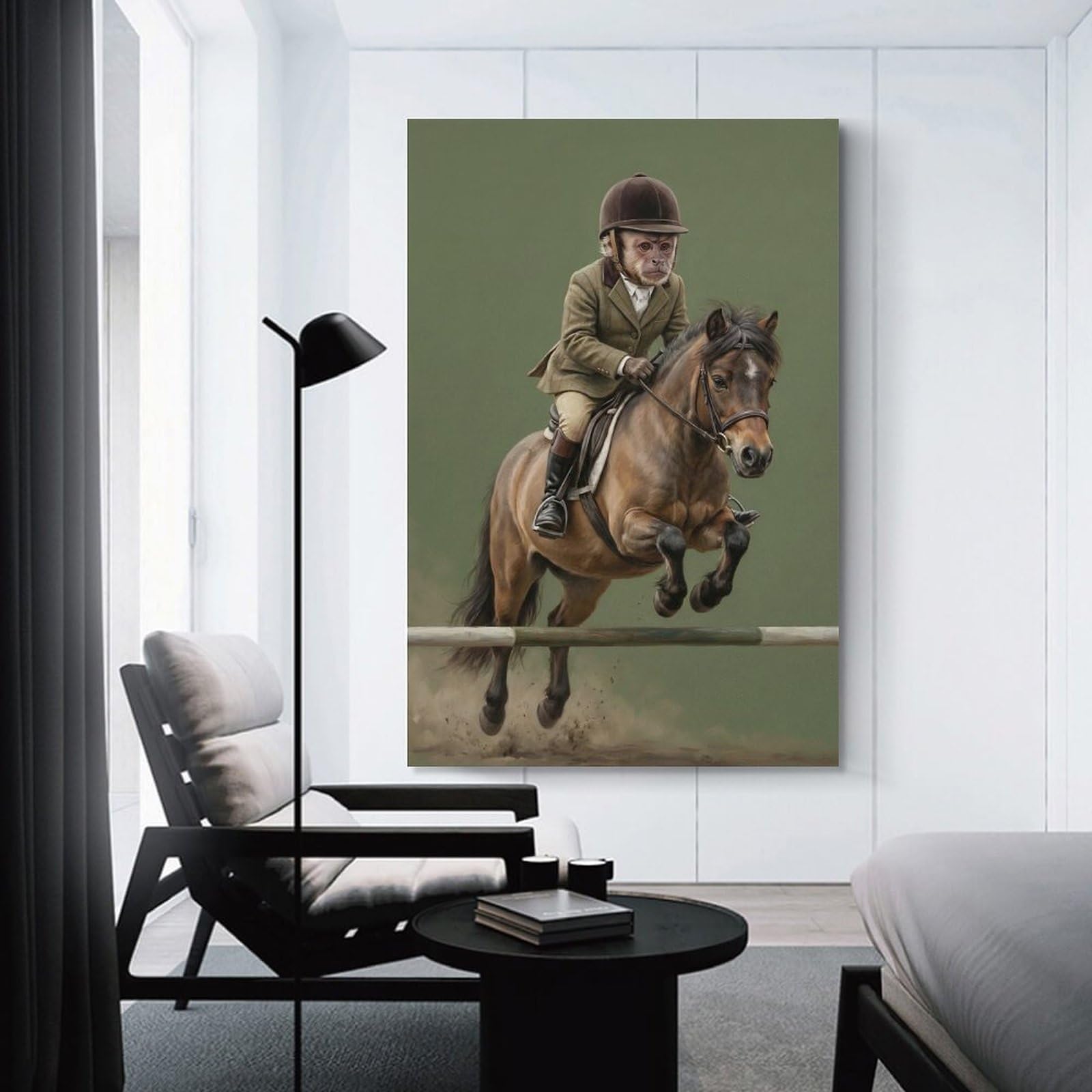 Junmoney Monkey Rider Jumps Horse Decorative Wall Artwork 24x36inch(60x90cm), for New Homes, Bedrooms Or Workspaces, A Wall Art Gift for Fresh Interiors