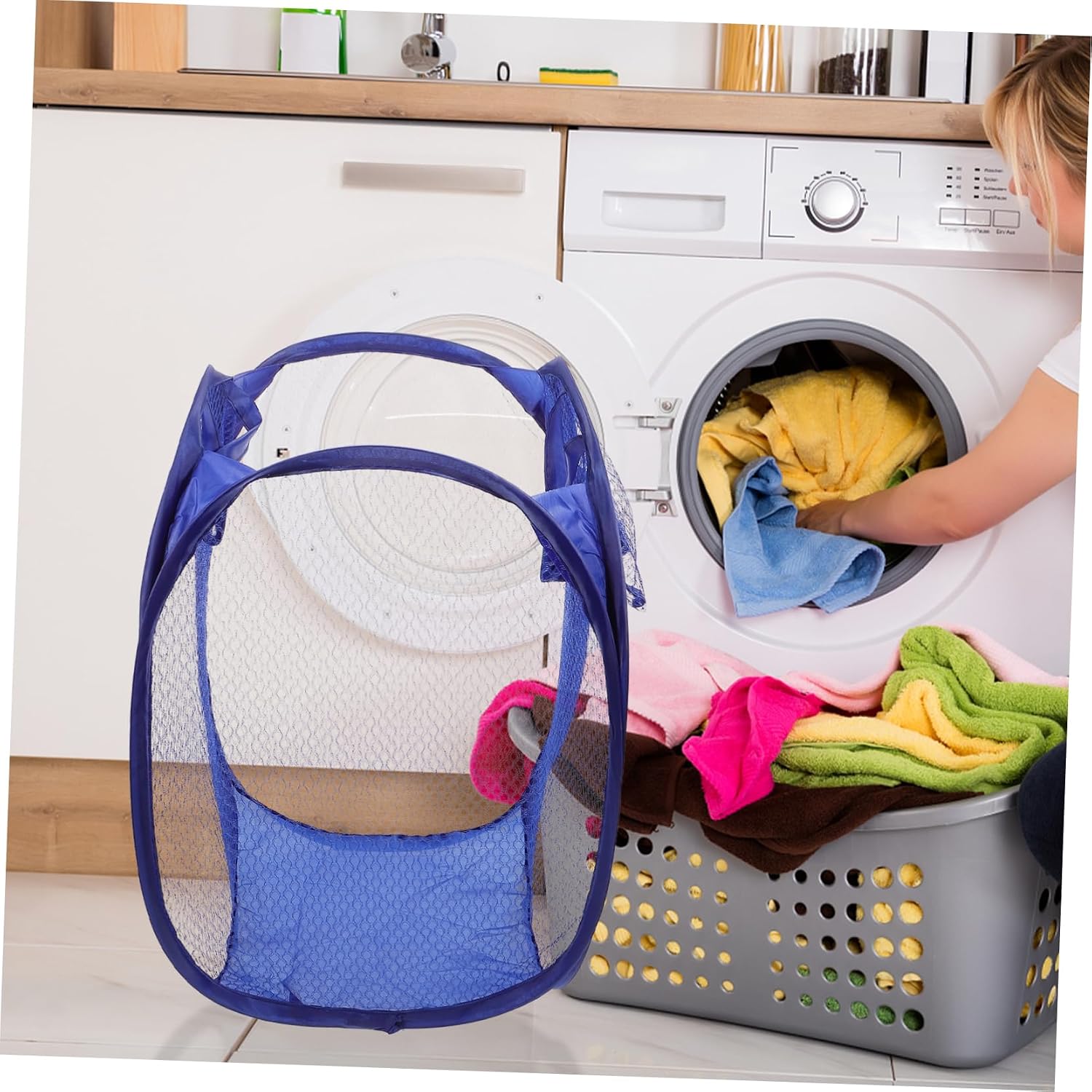 MAGICLULU Foldable Mesh Laundry Hamper Pop Up Basket with Side Pocket and Handles Breathable Clothes Storage for College Dorm Small Apartments Camping Blue