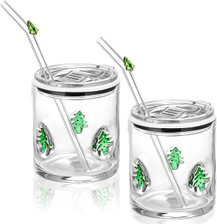 Patelai 2 Pcs Christmas Tree Icon Glasses Cups with Lids and Straws 15oz Reusable Drinking Iced Coffee Glass Cups Cute Xmas Tumbler Gifts for Christmas Adults Women Men Holiday Stocking Stuffer