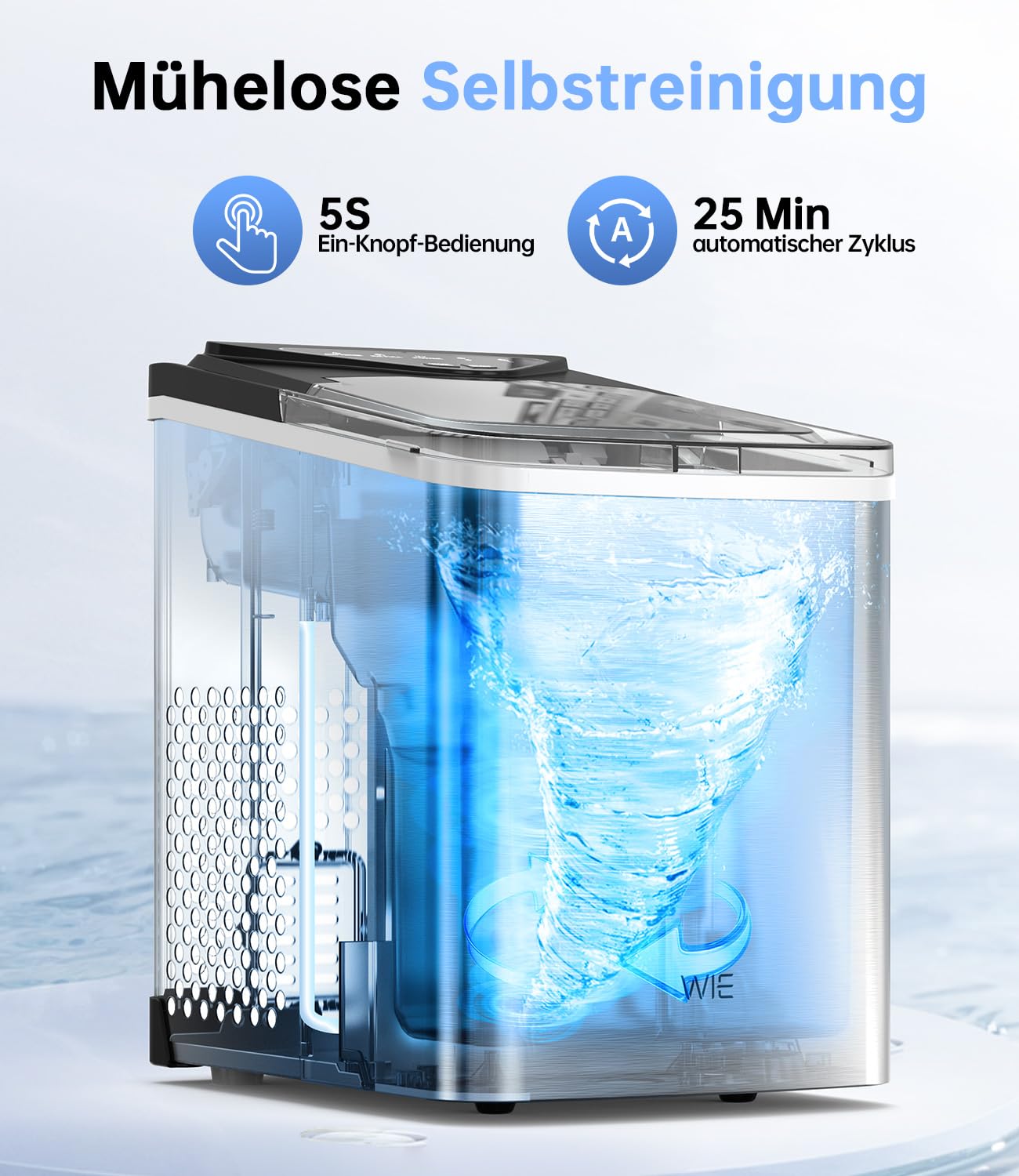WIE Eiswürfelmaschine, 15KG Eiswürfelbereiter Ice Maker, 9 Würfel in 6 Min, Eiswürfelmaschinen mit Tragbarem Griff, Silber, Eiswürfelbereiter für Zuhause/Küche/Büro/Wohnmobil