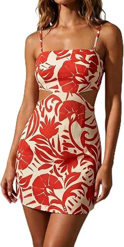 MakeMeChic Women's Floral Boho Tropical Cut Out Mini Dress Red