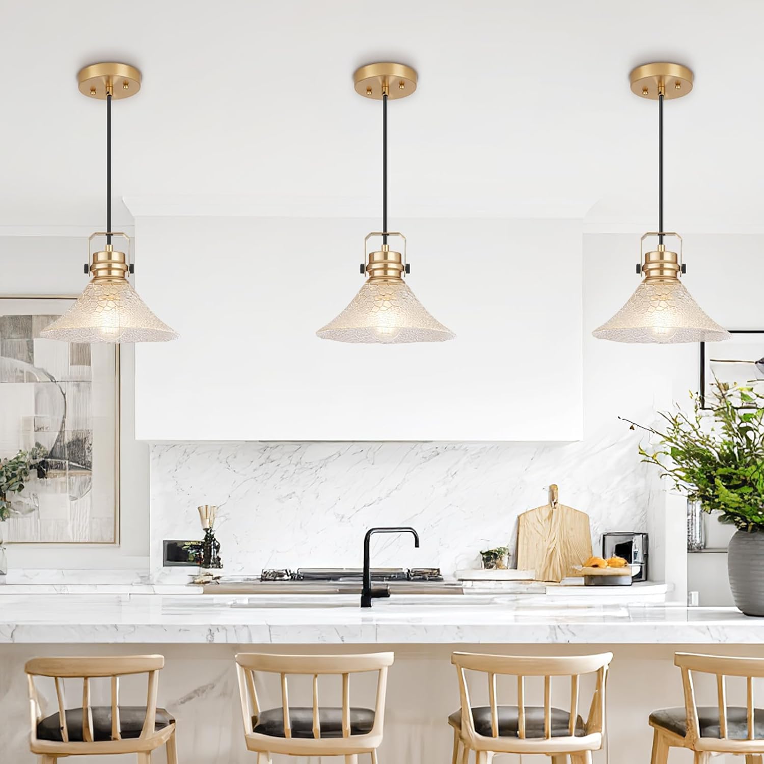 Glass Pendant Lights Kitchen Island 3 Pack Pendant Light Fixtures with Wave Glass Modern Adjustable Hanging Light for Kitchen Sink Dining Room Bedroom