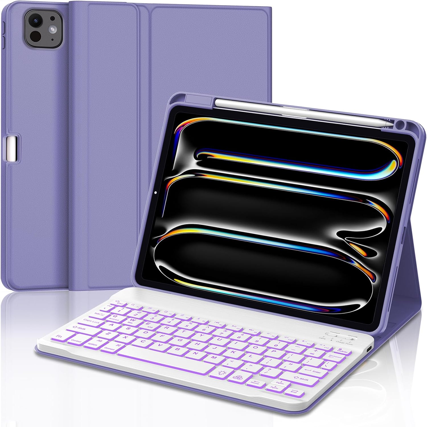 JADEMALL for iPad Pro 11 Inch Case with Keyboard (M4) 5th Generation 2024, 7 Colors Backlit, Wireless Bluetooth Detachable Keyboard, Auto Sleep/Wake, Smart Folio Cover with Pencil Holder, Purple