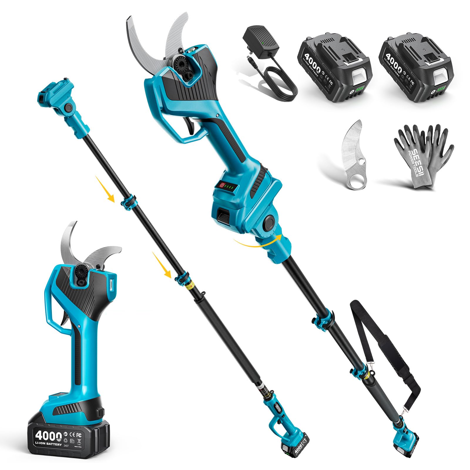 SEESII Forbici Potatura a Batteria 55mm, Asta Telescopica, 2x4.0Ah Batterie | 2 Batterie 4000mAh, Motore Brushless, Lama SK5, Luce LED, Design 2 in 1 per potatura alta e bassa, ideale per alberi e siepi