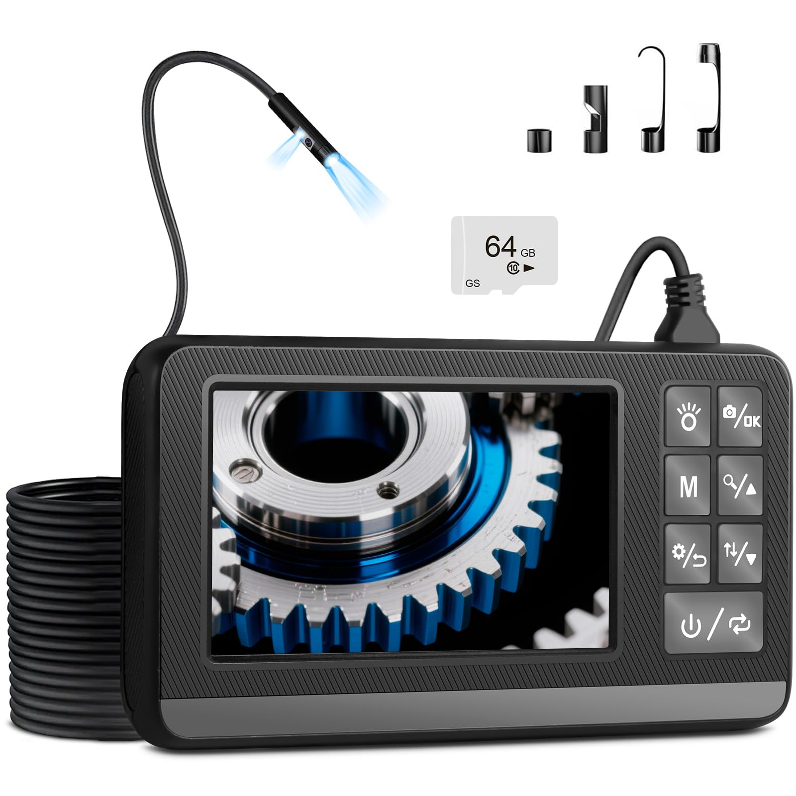 Kamera endoskopowa z podwójnym obiektywem i światłem, kamera endoskopowa HD 1080p z 4,3-calowym wyświetlaczem LCD, 5 m półsztywnym kablem i kartą 64 GB, wodoszczelny endoskop inspekcyjny IP67 do