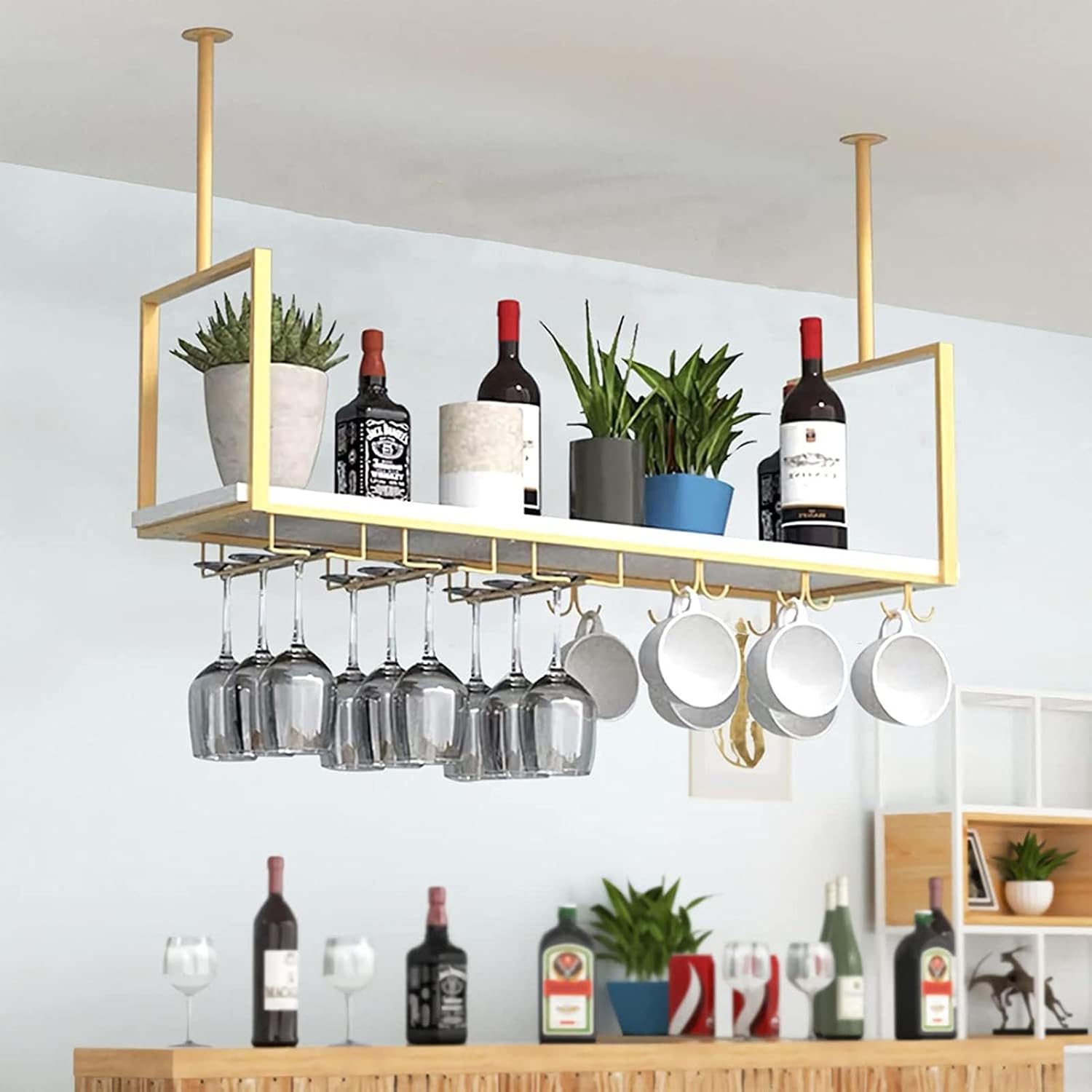 Ceiling Shelf - Ceiling Hanging Wine Glass Holder, Kitchen Hanging Storage Rack, Wall Mounted Solid Wood Wine Glass Holder With Guard Rails, For Kitchen/LOFT/Bar ( Color : Gold , Size : 120*30*60 )