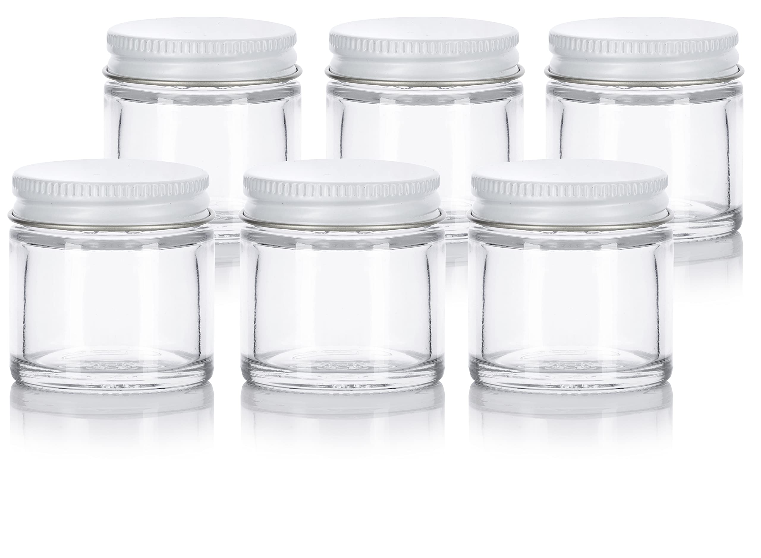 JUVITUS 1 oz / 30 ml Clear Thick Glass Straight Sided Jar with White Metal Airtight Lid (6 pack)