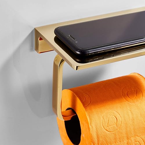 Miniatura 7 de Soporte de papel higiénico para baño, latón macizo y soporte de rollo de papel de hotel superior con almacenamiento de teléfono celular, acabado