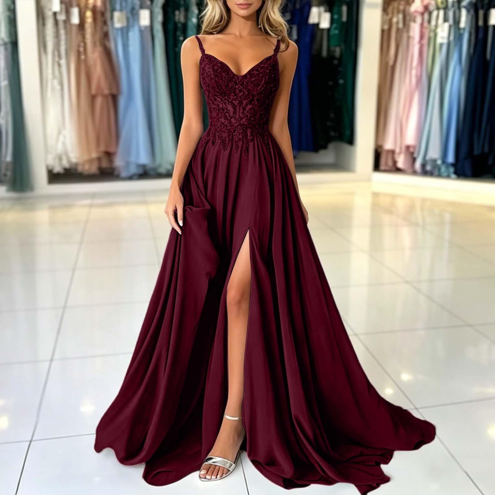 Ballkleid Damen Chiffon Lang V Ausschnitt Spitzenapplikationen Brautjungfernkleid A Linie Abendkleid Ballkleider Brautjungfernkleider Lang Prom Dress Elegant Festlich