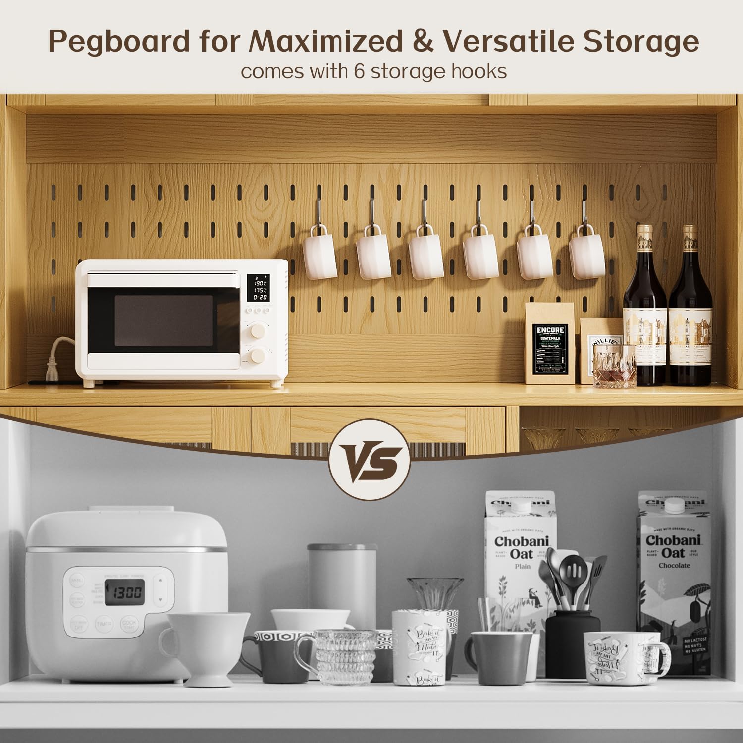 71" Tall Kitchen Pantry Cabinet with Remote LED Light & Charging Station, Farmhouse Freestanding Kitchen Storage Hutch with 3 Drawers, 6 Pegboard Hooks, Open Countertop and Shelves, Natural