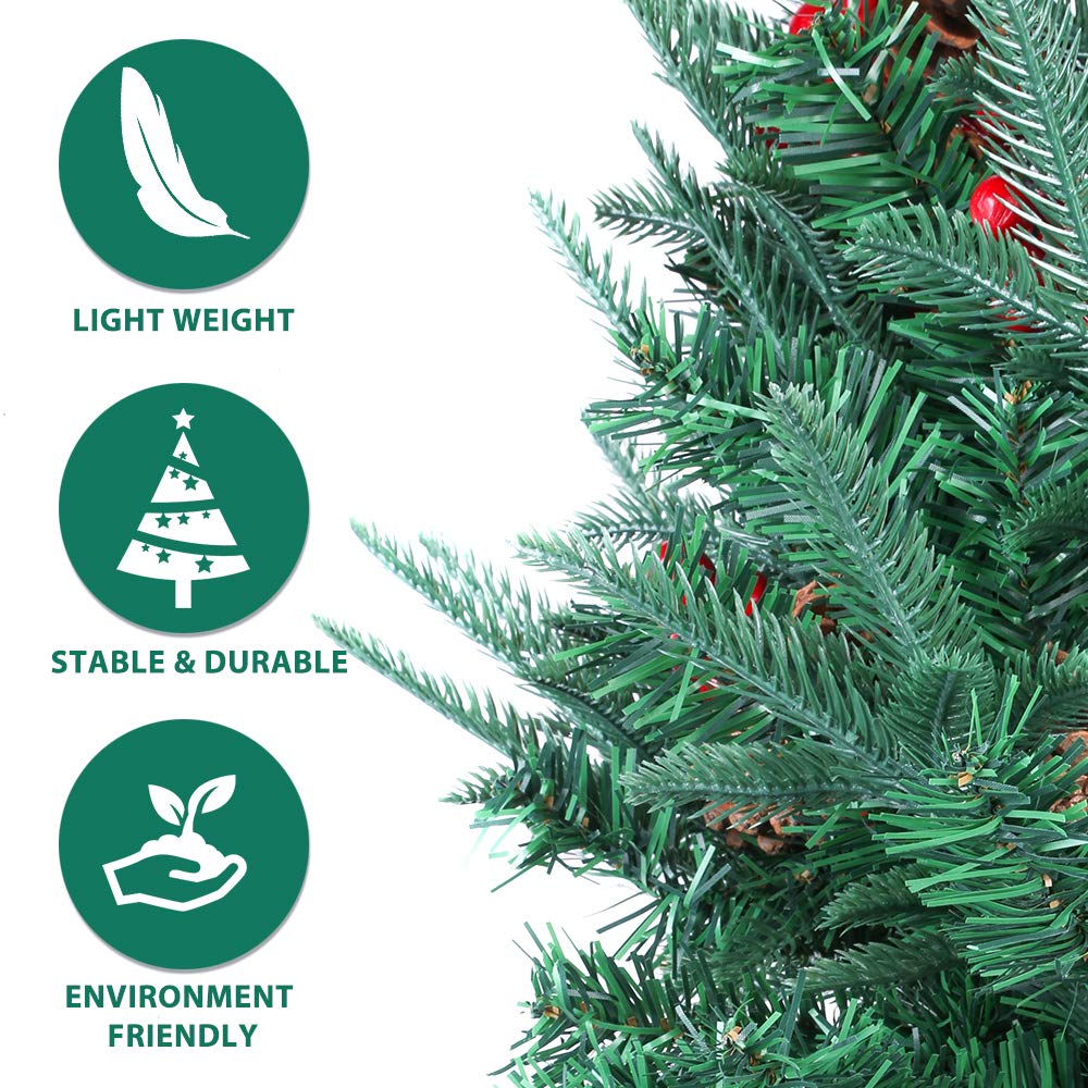 himaly Sapin de Noël Artificiel Pin avec 362 Tronc Vert en Matière PVC, 88 Tronc Vert en Matière PE, 150cm, 39 Pommes de Pin et 39 Fruits Rouges, Décoration de Maison Hôtel Boutique