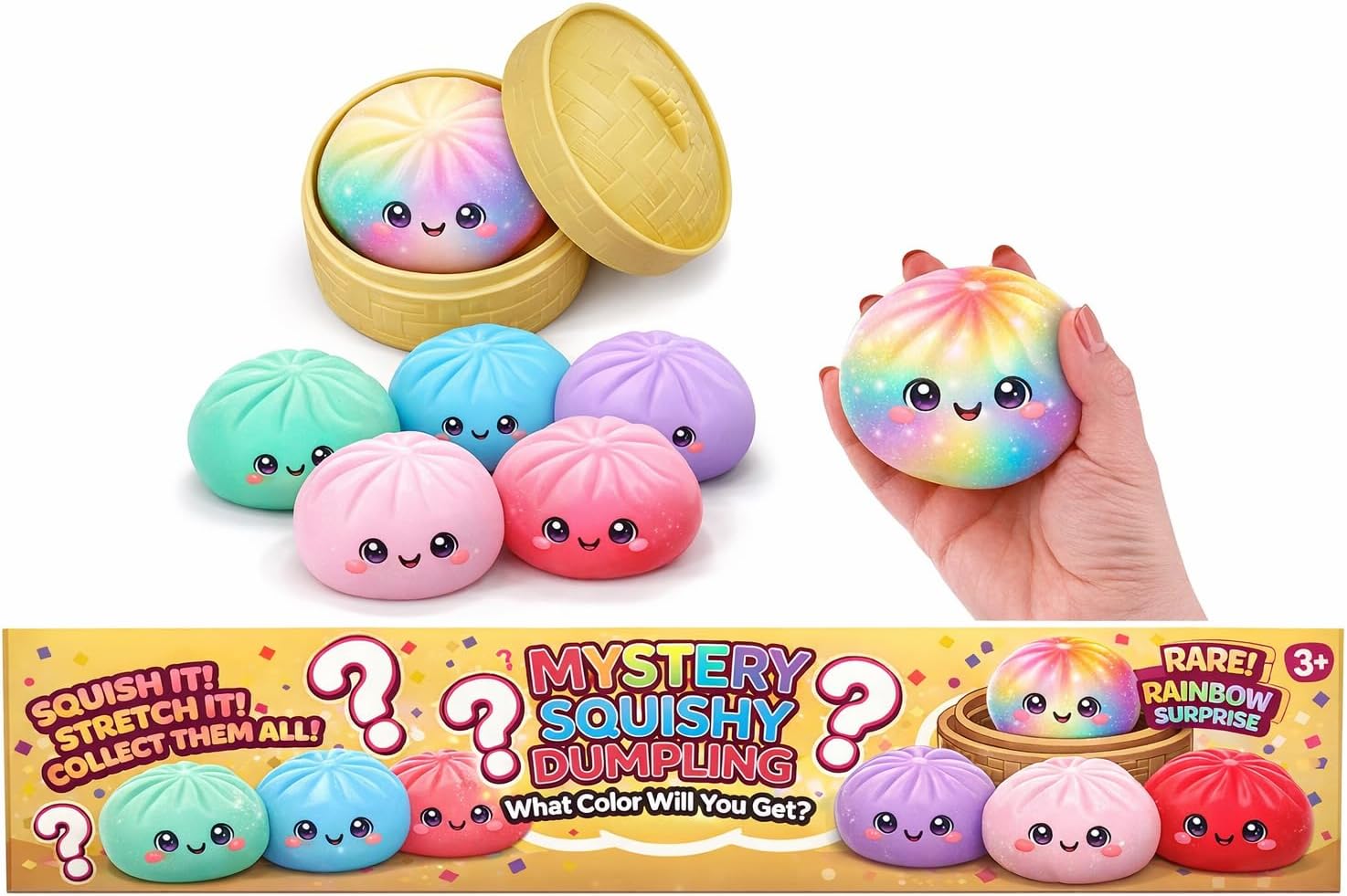 Handee Large Squishy Mystery Dumpling - 4 Inch, Assorted Colors Soft Bao Buns Squishies in Steamer Basket, Chance of Rainbow Bao Bun Squishy Toy (Assorted Colors/ Mystery Rainbow Surprise)