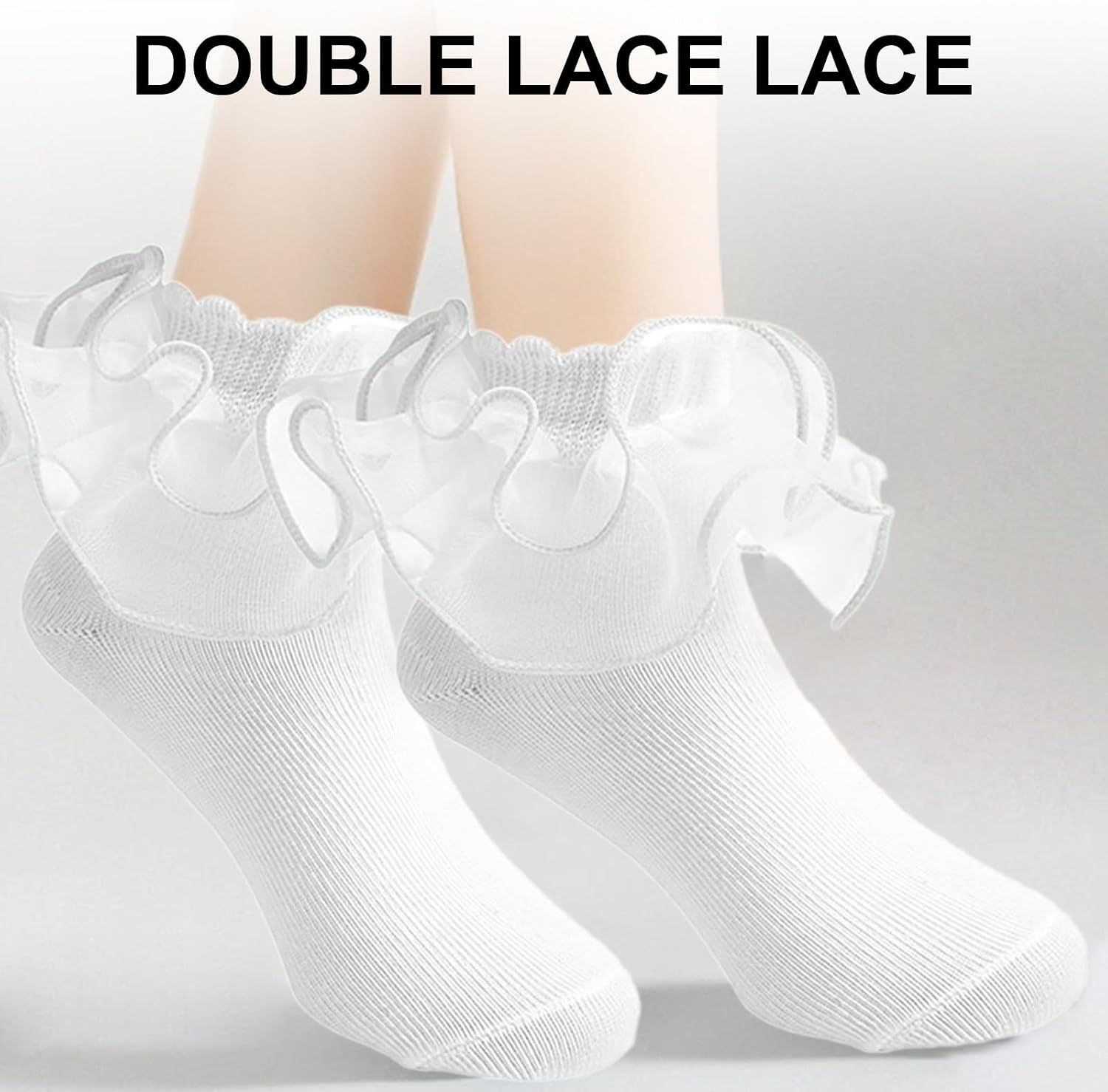 3 Pairs Girls Lace Ankle Socks Trim Double Layer Cute Comfortable Frilly Dress Ankle Socks for Girls aged 8-10 Years