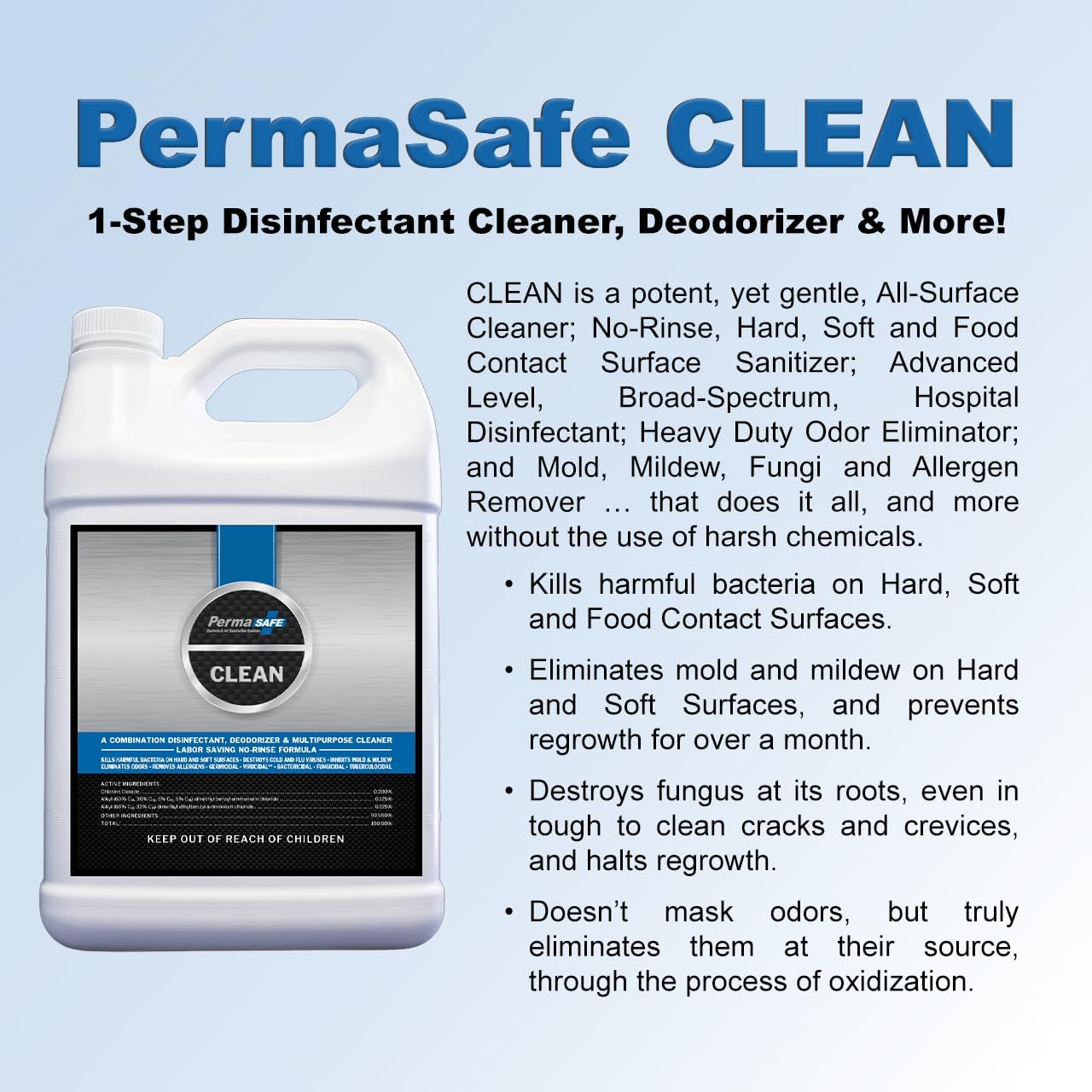 PermaSafe CLEAN, Cleans, Disinfects, Deodorizes in One ‘Spray & Walk Away’ Step, Sanitizes Hard, Soft & Food Surfaces + PermaSafe SHIELD, 90 Day Antimicrobial Surface Protector. 1 Gallon Bottles
