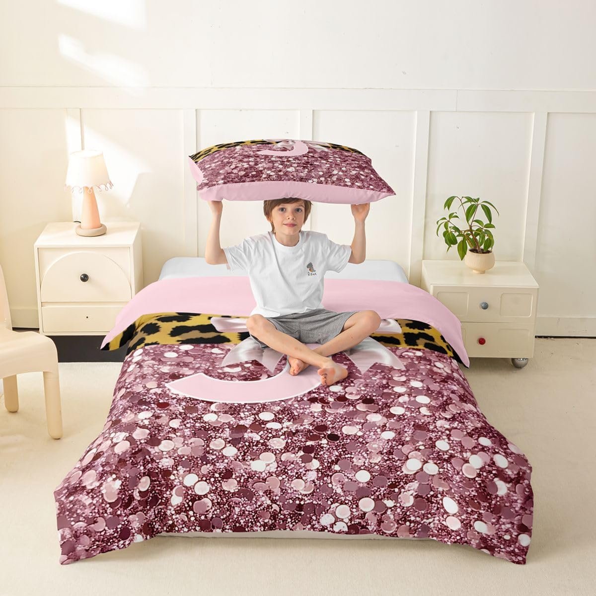 jejeloiu Pink Glitter Bow Duvet Cover Toddler Size Initial Letter J Bedding Set for Boys Girls Leopard Bowknot Comforter Cover Bedroom Decor 2Pcs No Comforter Zipper Closure with 1 Pillowcase