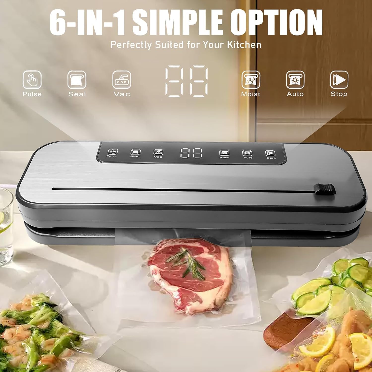 Macchina per sottovuoto 6 in 1, macchina per sottovuoto professionale, 75 Kpa, macchina per sottovuoto per alimenti, con 50 sacchetti sottovuoto e 1 tubo per asciutto, umidità, freschezza