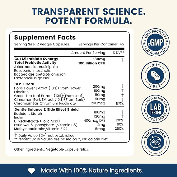 GLP-1 Supplement with Akkermansia Probiotic 100 Billion CFUHops & Eriocitrin for Appetite Control, Weight Women Men, Natural GLP 1 Activator for Metabolic Support Gut Health with Chromium & Cinnamon