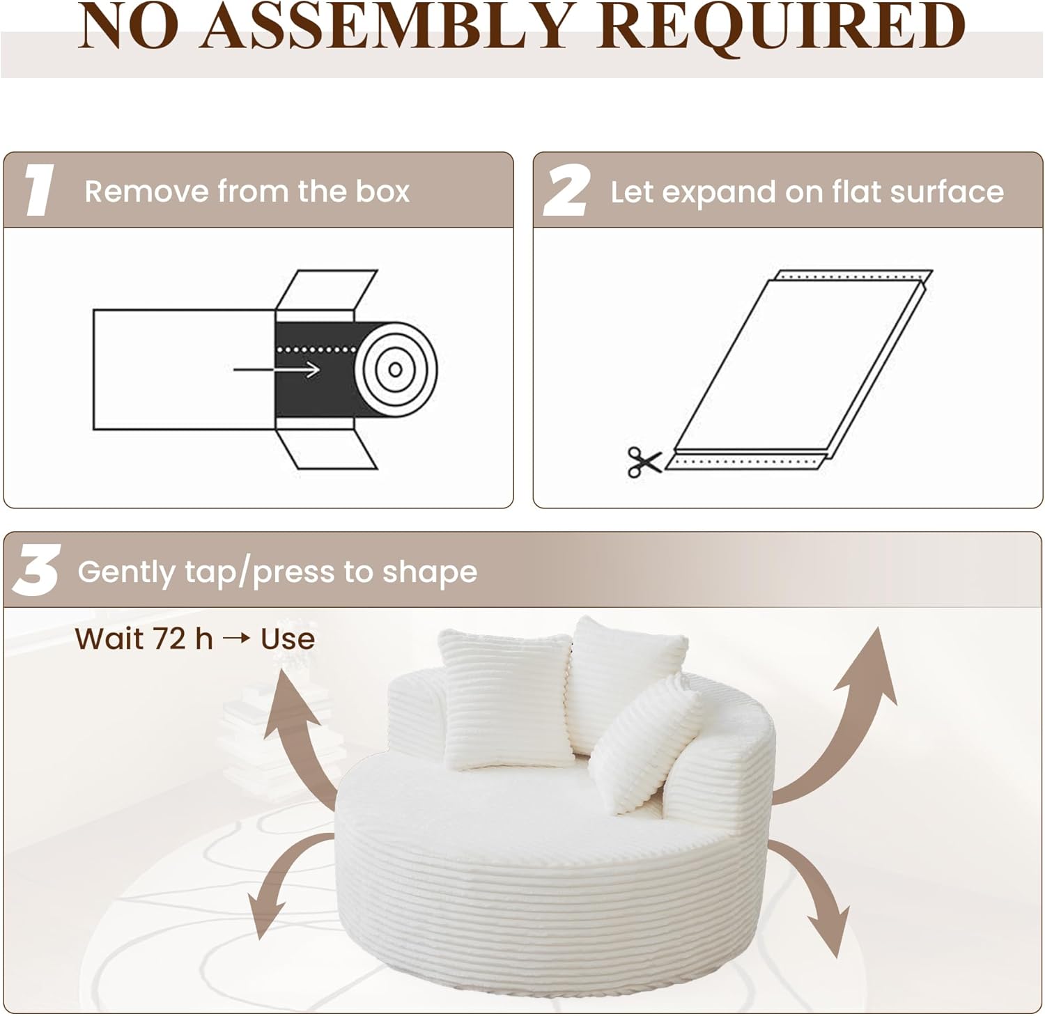 WJShome Oversized Round Chair Lounge Chaise Indoor,Upholstered Corduroy Sofa Bed with 3 Pillows,Comfy Sleeper Boneless Couch,Deep Seat Couches for Living Room, Beige