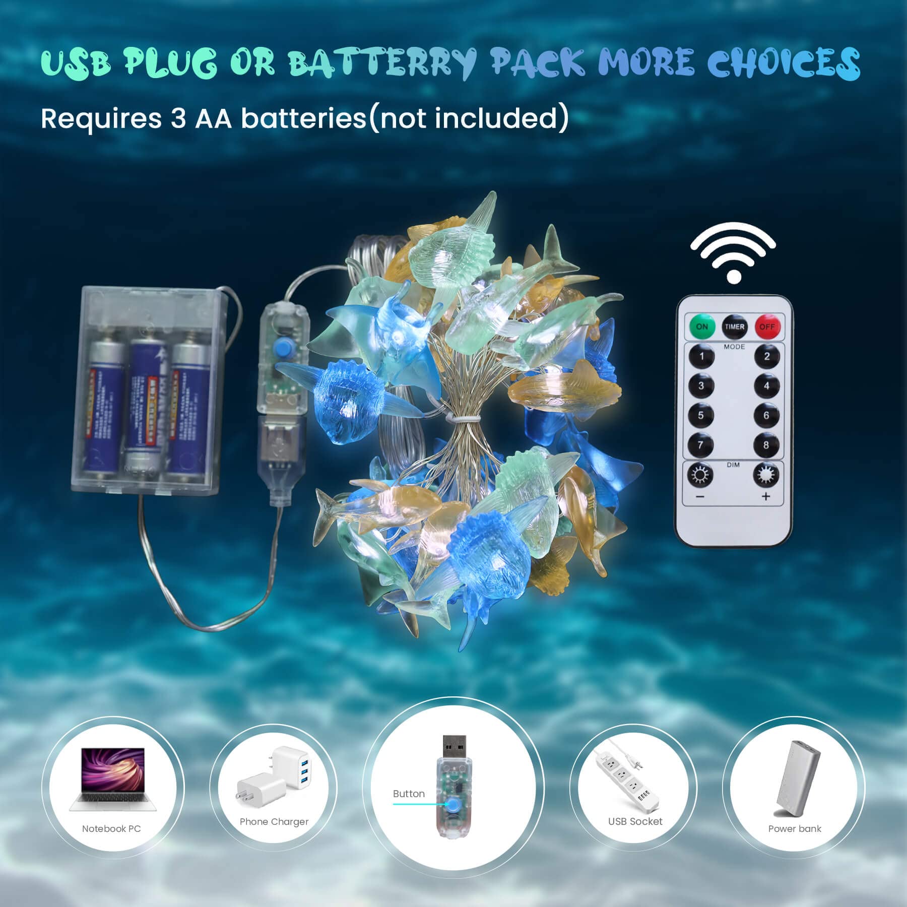 Guirlande lumineuse décorative sur le thème nautique, 30 LED, télécommande USB, 3 m, guirlande lumineuse fantaisie marine, requin baleine, poisson, raie manta pour salle de classe, tente