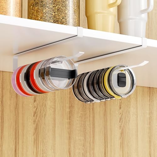 Quehun 2 PCS Tumbler Lid Organizers, Ample Lid Capacity Up to 30 Lids, No Adhesive No Drill Yeti Lid Organizer Holder Inside Cabinet, Space-Saving Stanley Tumbler Cup Lid Holder Organizer for Kitchen - White