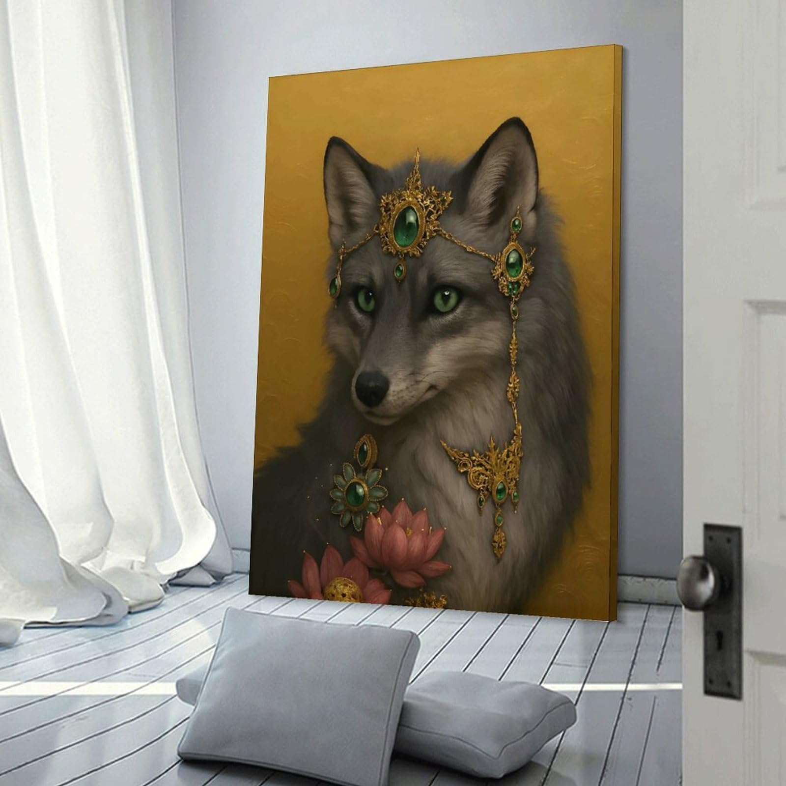 Junmoney Fox with Emerald And Gold Jewelry Hanging Wall Art 12x18inch(30x45cm), for Study, Office Or Focused Interiors, Wall Art That Adds Style to Work Areas