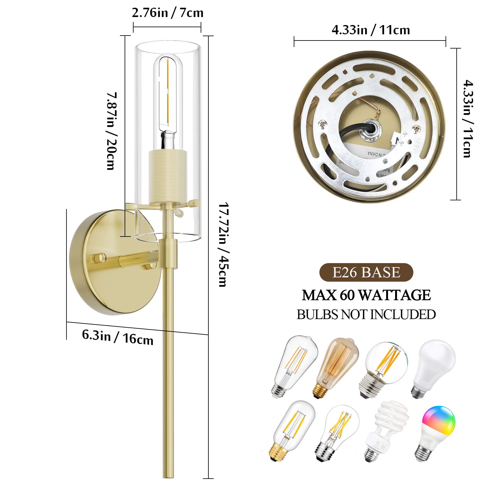 Aoceley Modern Indoor Wall Sconce Lighting Set of 2 Brass Sconce Vintage Vanity Light Fixture Antique Brass Wall Light with Clear Glass Shade for Bedroom Living Room Hallway Bathroom Vanity