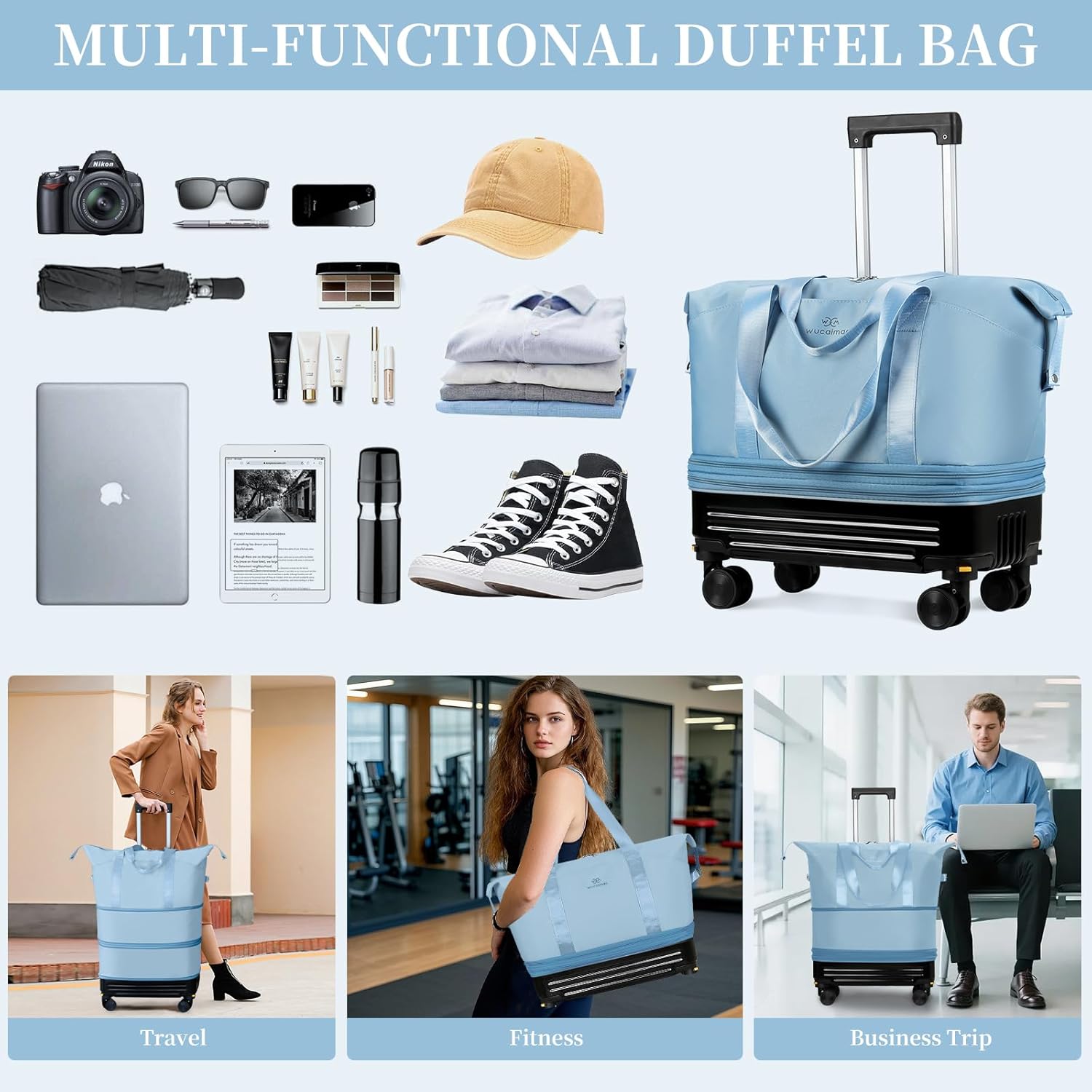 Rolling Duffel Bag with Detachable Wheels & Handle,Expandable Foldable Travel Duffle Bag,Carry on Luggage Large Tote Bag for Gym Overnight Weenkend Trip(Light Blue)