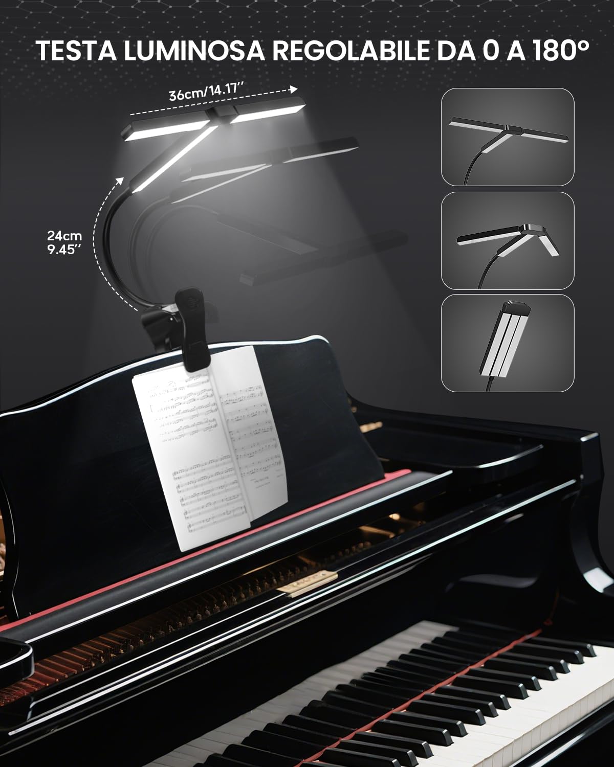Ultra-Ampia 36CM Luce da Leggio Musicale a Pinza, 57 LED Super Luminosi, 4 Colori x 3 Luminosità, Pieghevole Forma-T Lampada Pianoforte per Spartiti e Lettura Libri, Ricaricabile USB-C