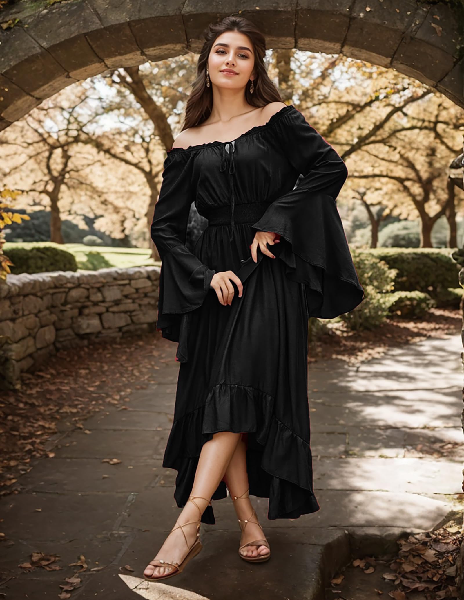 Gothden Renaissance Dress Women Medieval Costume Victorian Dresses Peasant Gothic Dress Black - Image 2