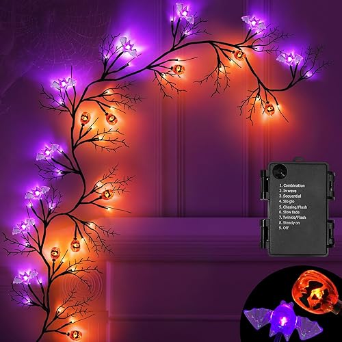 Miniatura 1 de Guirnalda de decoración de ramitas de sauce de Halloween con 54 luces LED de 6 pies con 8 modos de temporizador, 9 calabazas, 9 murciélagos,