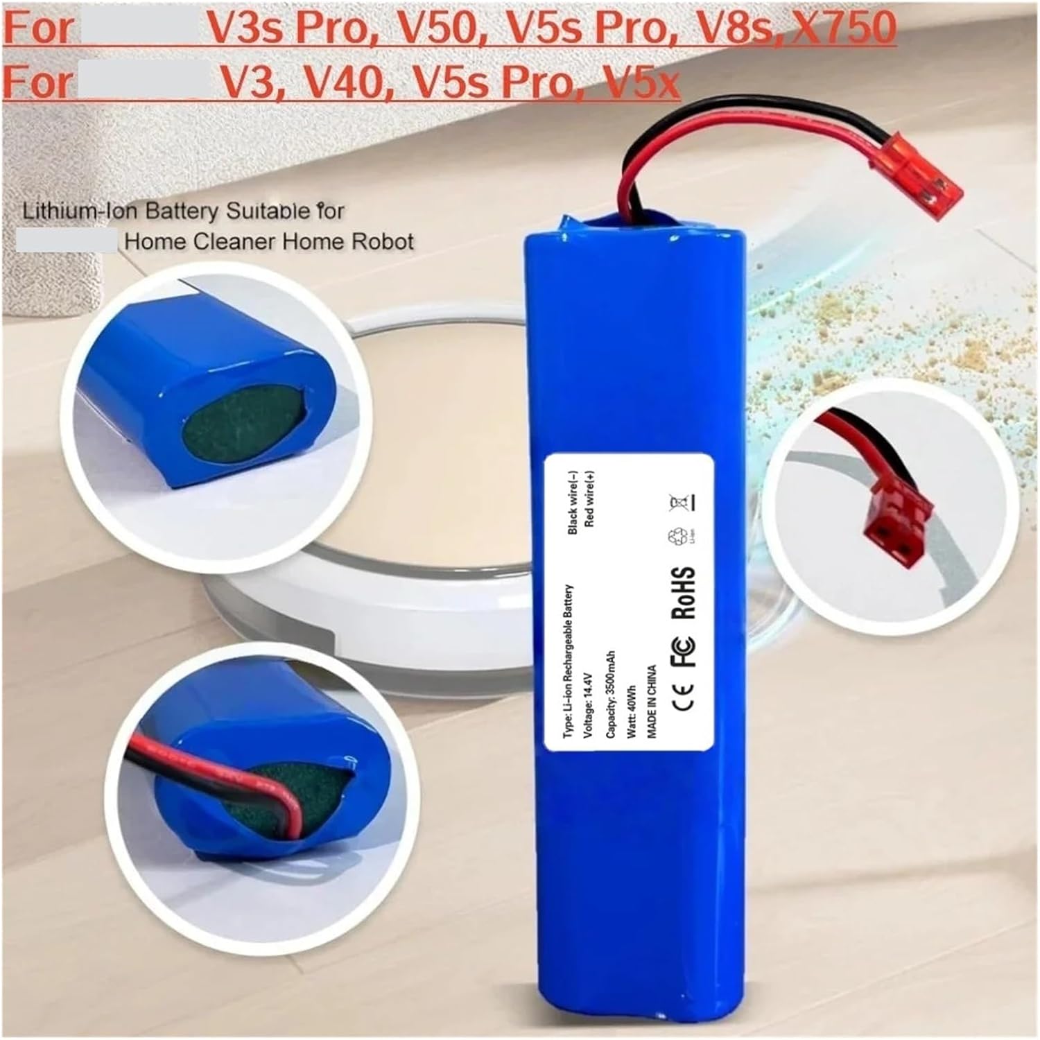 14.4V 3500mAh Li-Ion Replacement Battery，Compatible for Medion MD18500 18501 18600，for V3s Pro V50 V8s X750，Robot Vacuum Cleaner Battery(2600mAh)