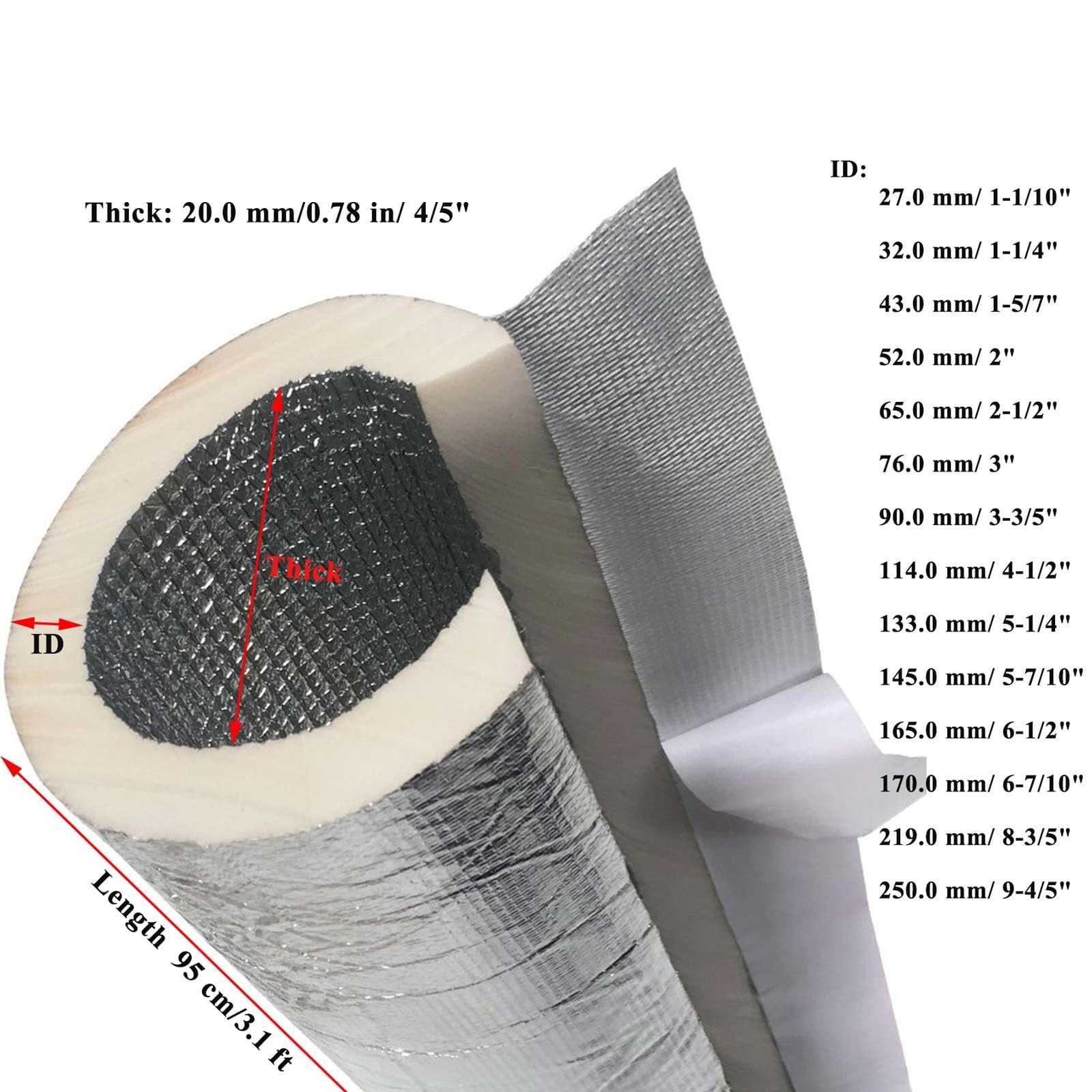 Tubo de Espuma Aislante para Tuberías 95 cm Envoltura Aislante Autosellante para Tuberías de Cobre, Envoltura Aislante Gruesa 20 mm, Tubería de Papel de Aluminio Congelado(250.0 mm/9-4/5")