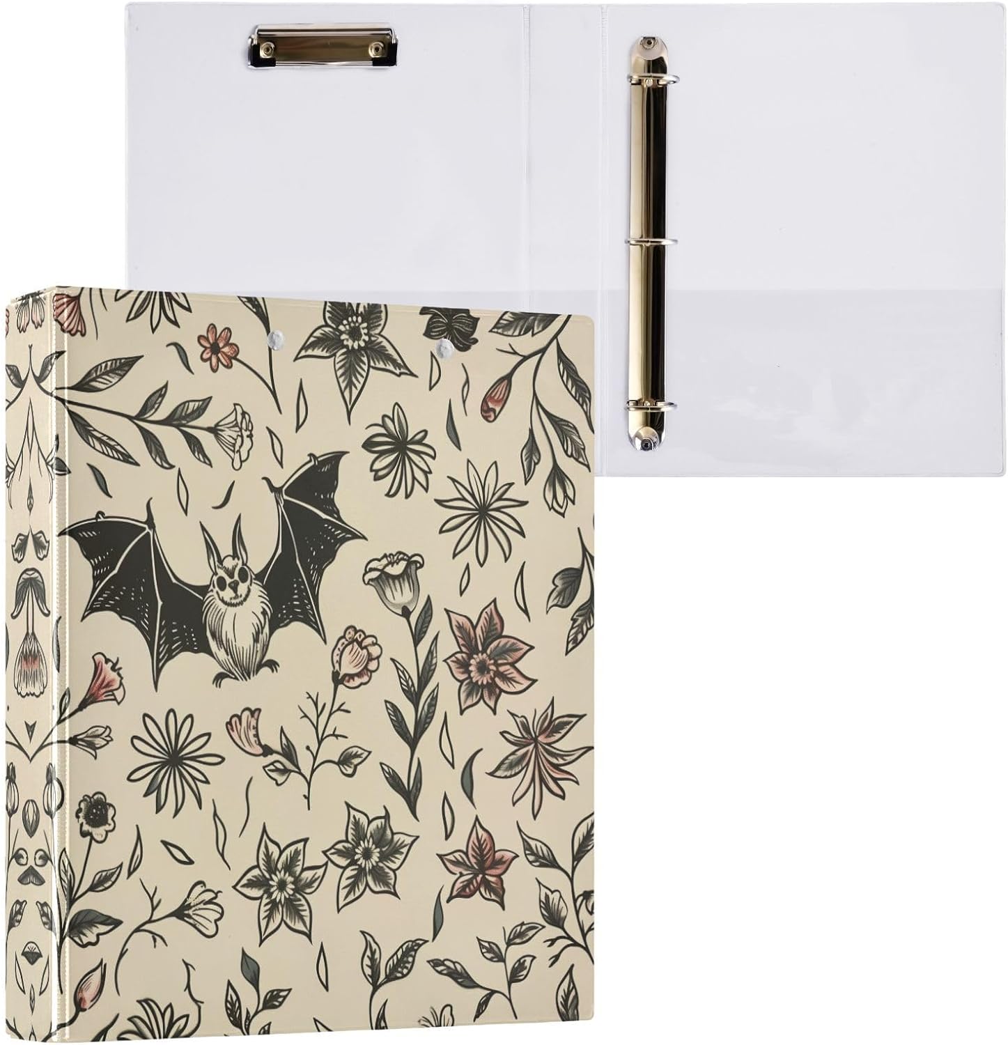 3 Ring Binder 1.5 Inch Goth Bat Flowers Three Ring Binder Cute Binder with 3 Storage Pockets for Women School Office Supplies