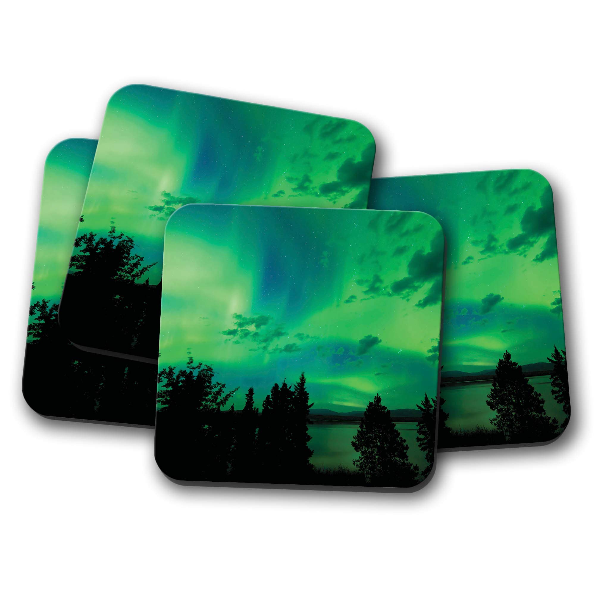 4 Set - Aurora Borealis Coaster - Northern Lights Sky Stars Trees Fun #8579