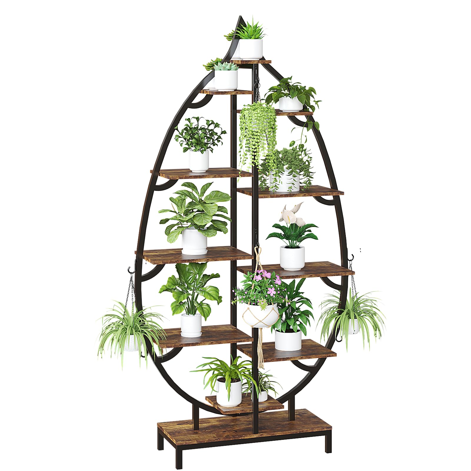 Bonnlo Pflanzenständer mit Wachstumslicht, Blumenständer Blatt-Design, Pflanzenregal natürlich, Blumenregal Eisenholz für Balkon, Wohnzimmer, Garten, Büro, 160x84x26 cm, vintage